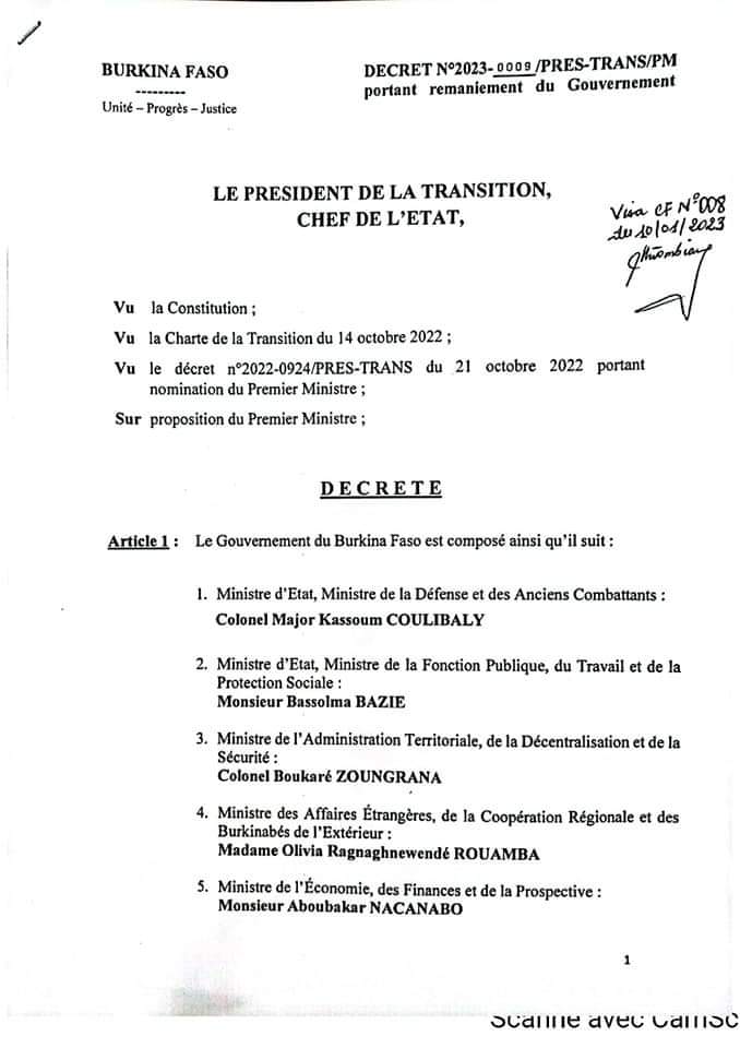 Liste des membres du nouveau gouvernement du Burkina Faso Les 4 VERITES