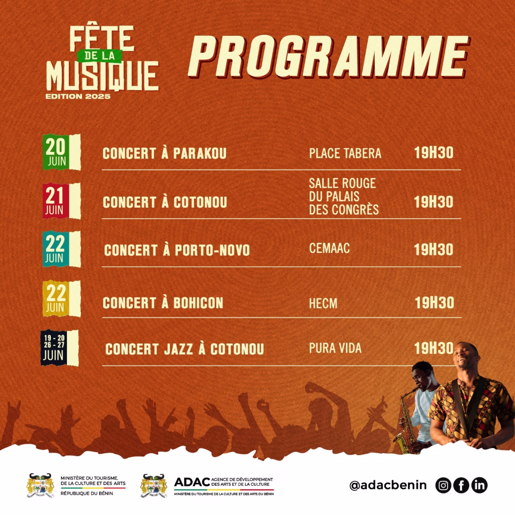 Fête de la musique, édition 2025 : Plusieurs artistes en concerts à Cotonou, Parakou, Porto Novo et Bohicon; le programme