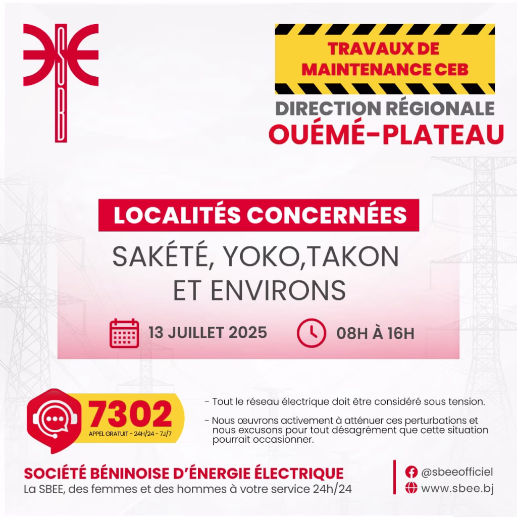 Travaux d’entretien du réseau par la Communauté Electrique du Bénin : Des interruptions de la fourniture de l’électricité le 13 juillet à Sakété, Yoko, Takon et environs  