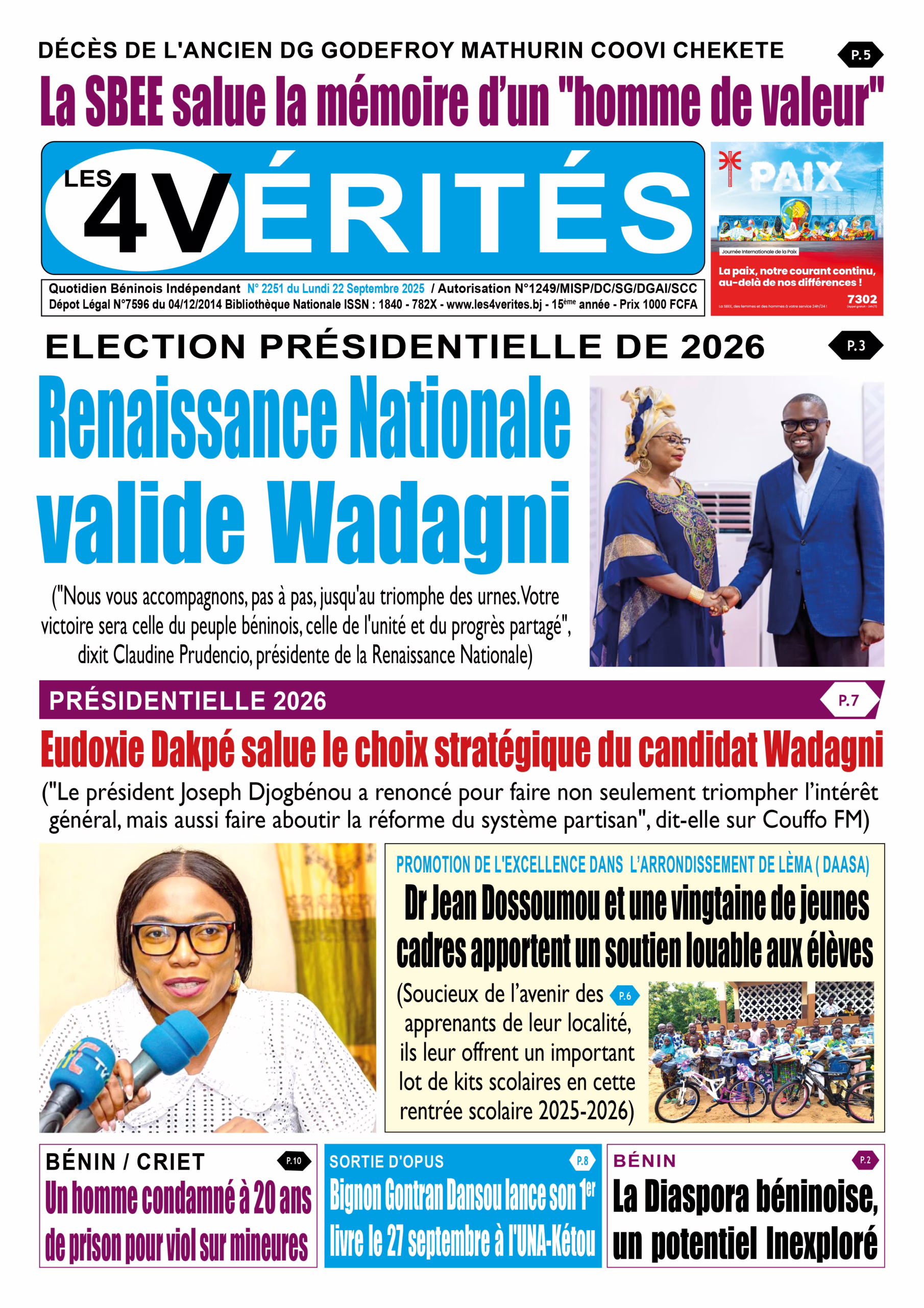 La Une de Les 4 Vérités du lundi 22 septembre 2025
