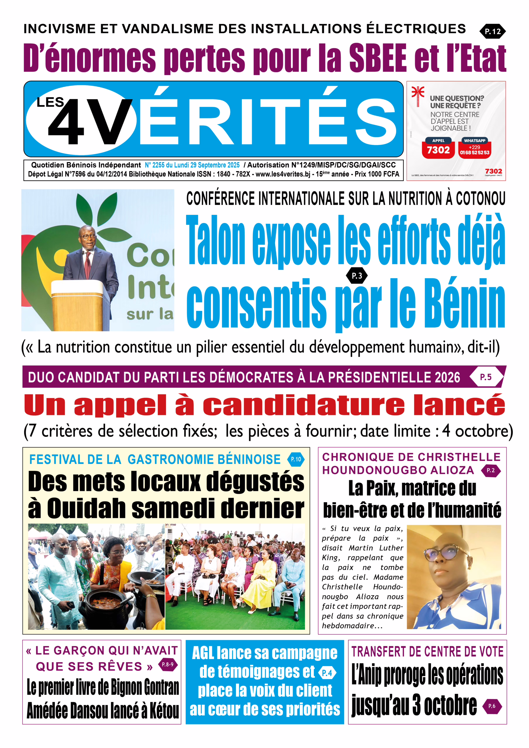 La Une de Les 4 Vérités du lundi 29 septembre 2025