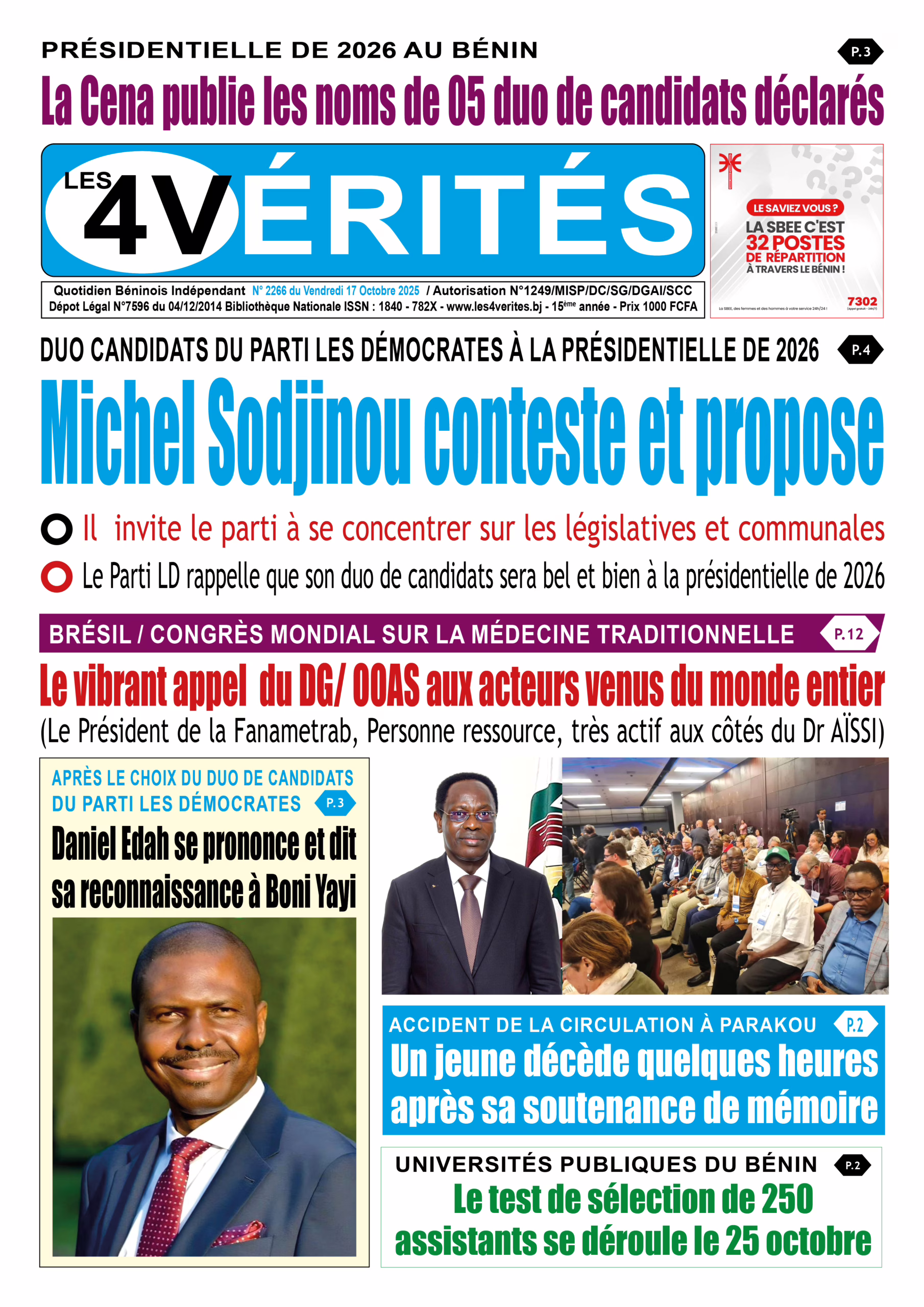 La Une de Les 4 Vérités du vendredi 17 octobre 2025