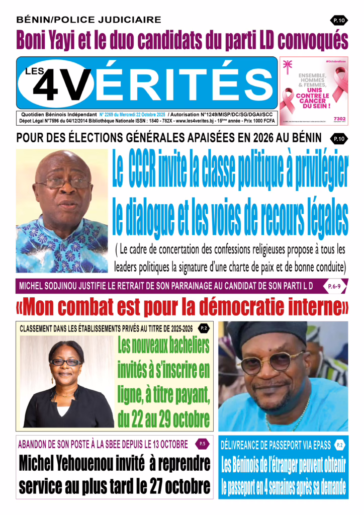 La Une de Les 4 Vérités du mercredi 22 octobre 2025