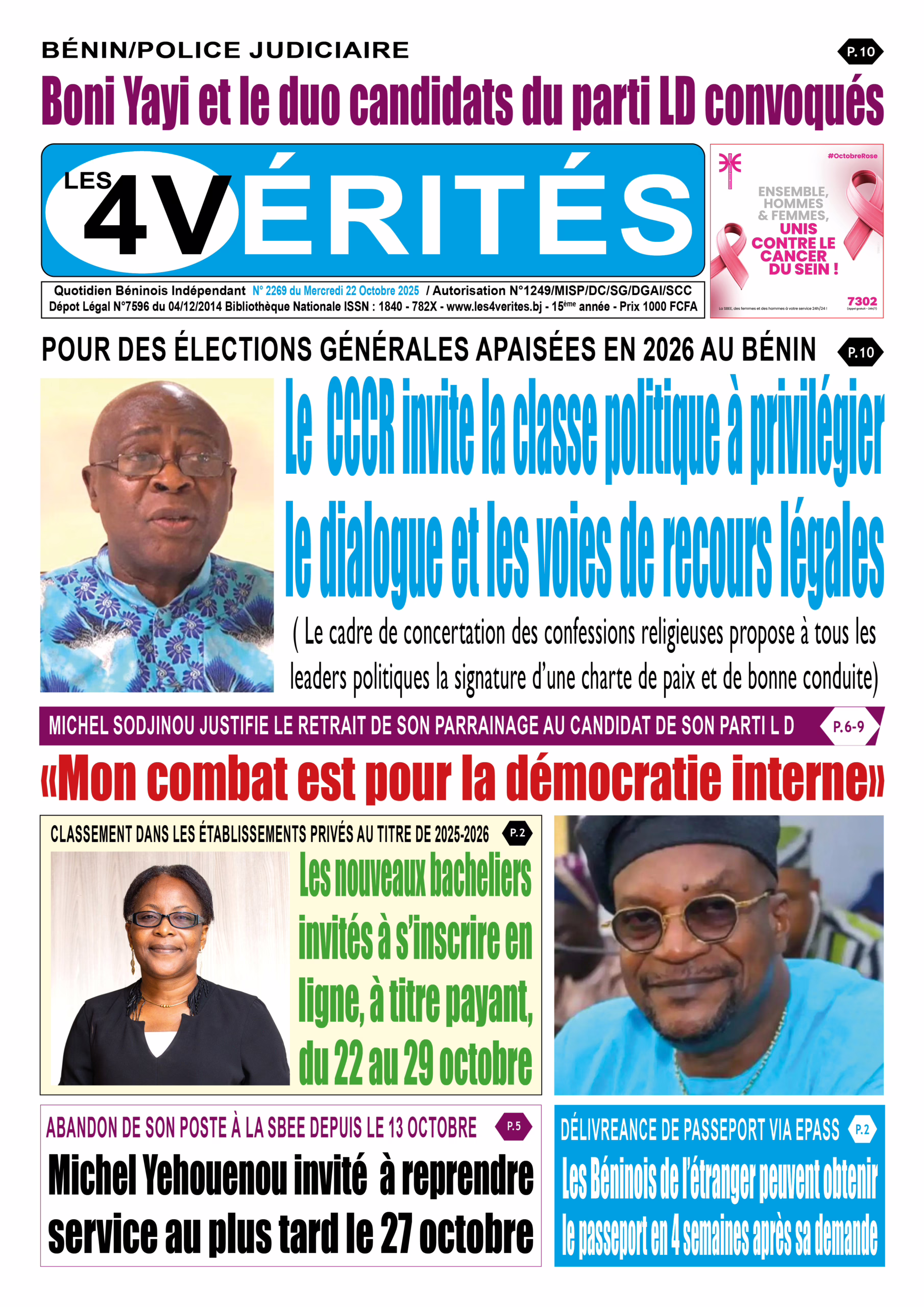 La Une de Les 4 Vérités du mercredi 22 octobre 2025