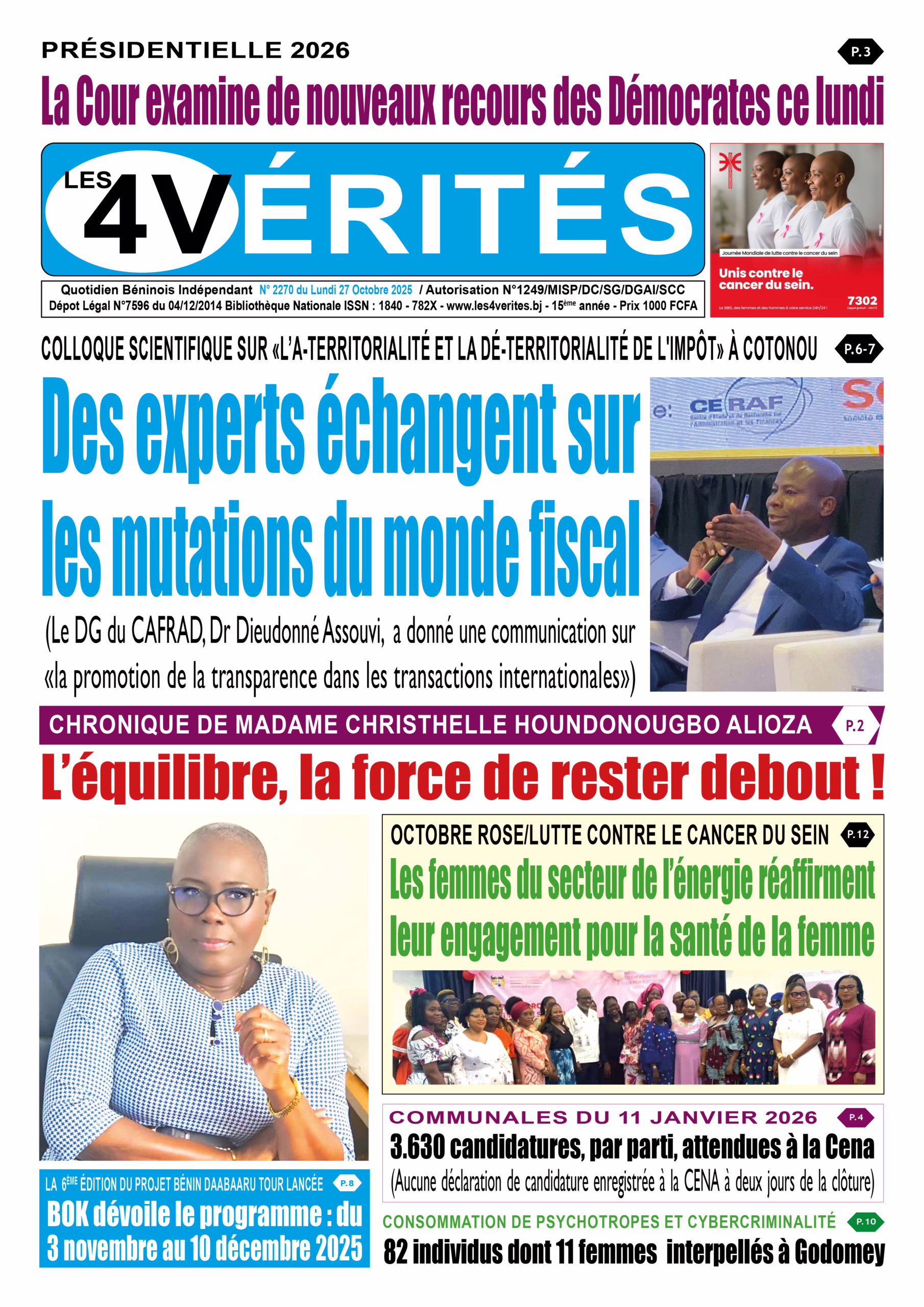 La Une de Les 4 Vérités du lundi 27 octobre 2025