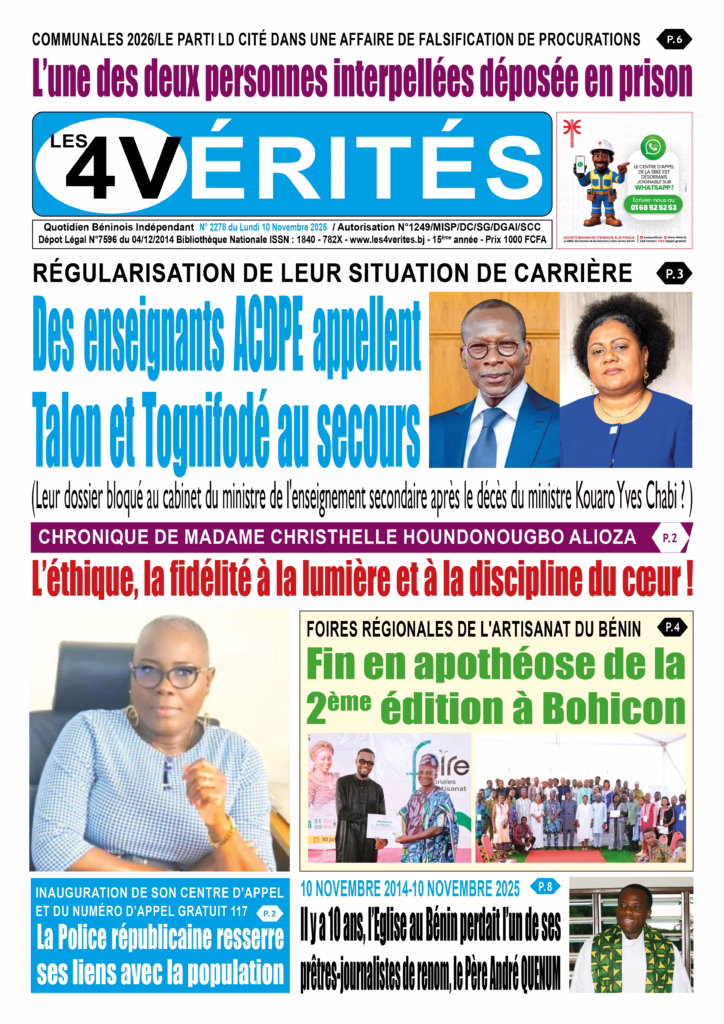 La Une de Les 4 Vérités du lundi 10 novembre 2025