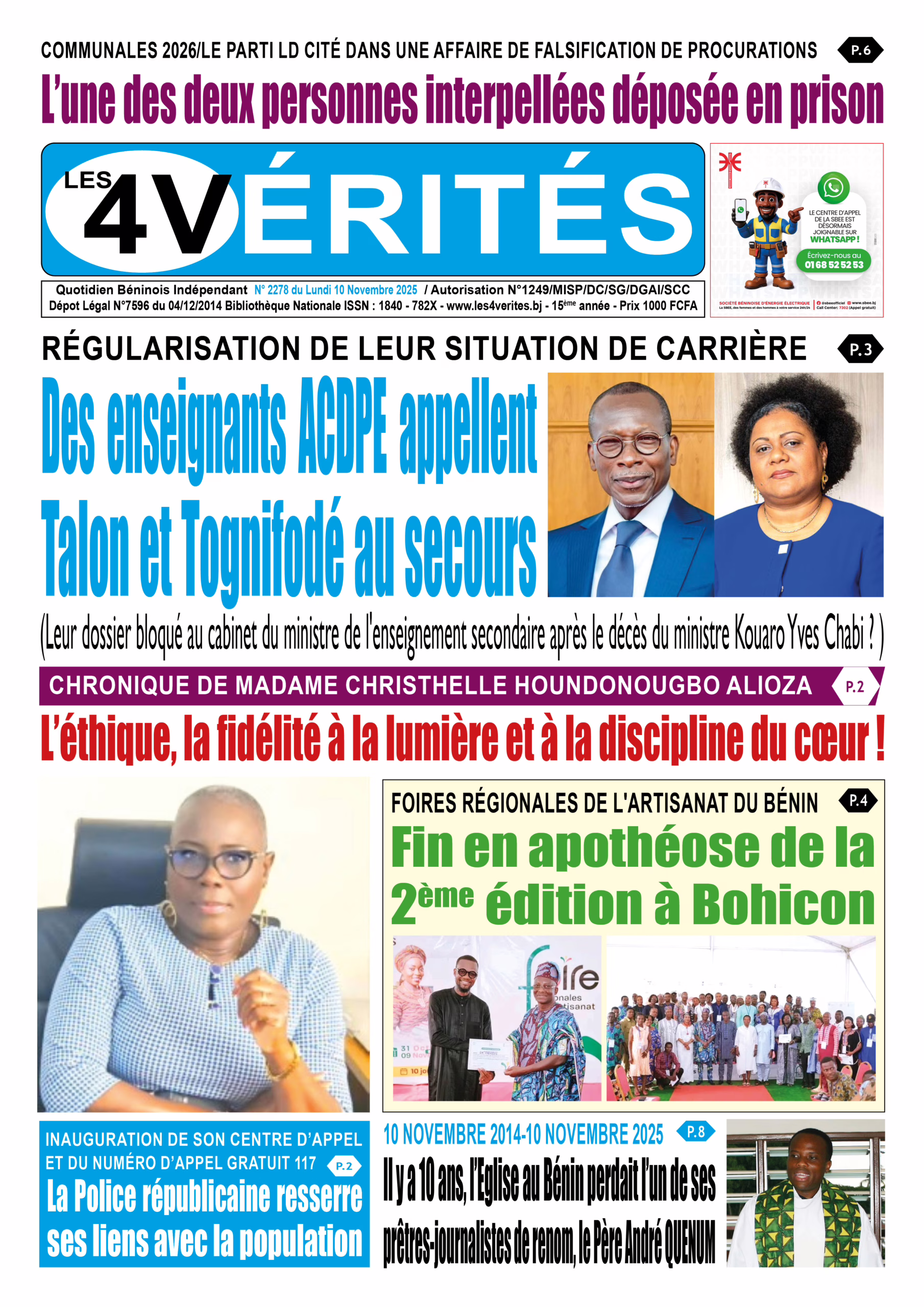 La Une de Les 4 Vérités du lundi 10 novembre 2025