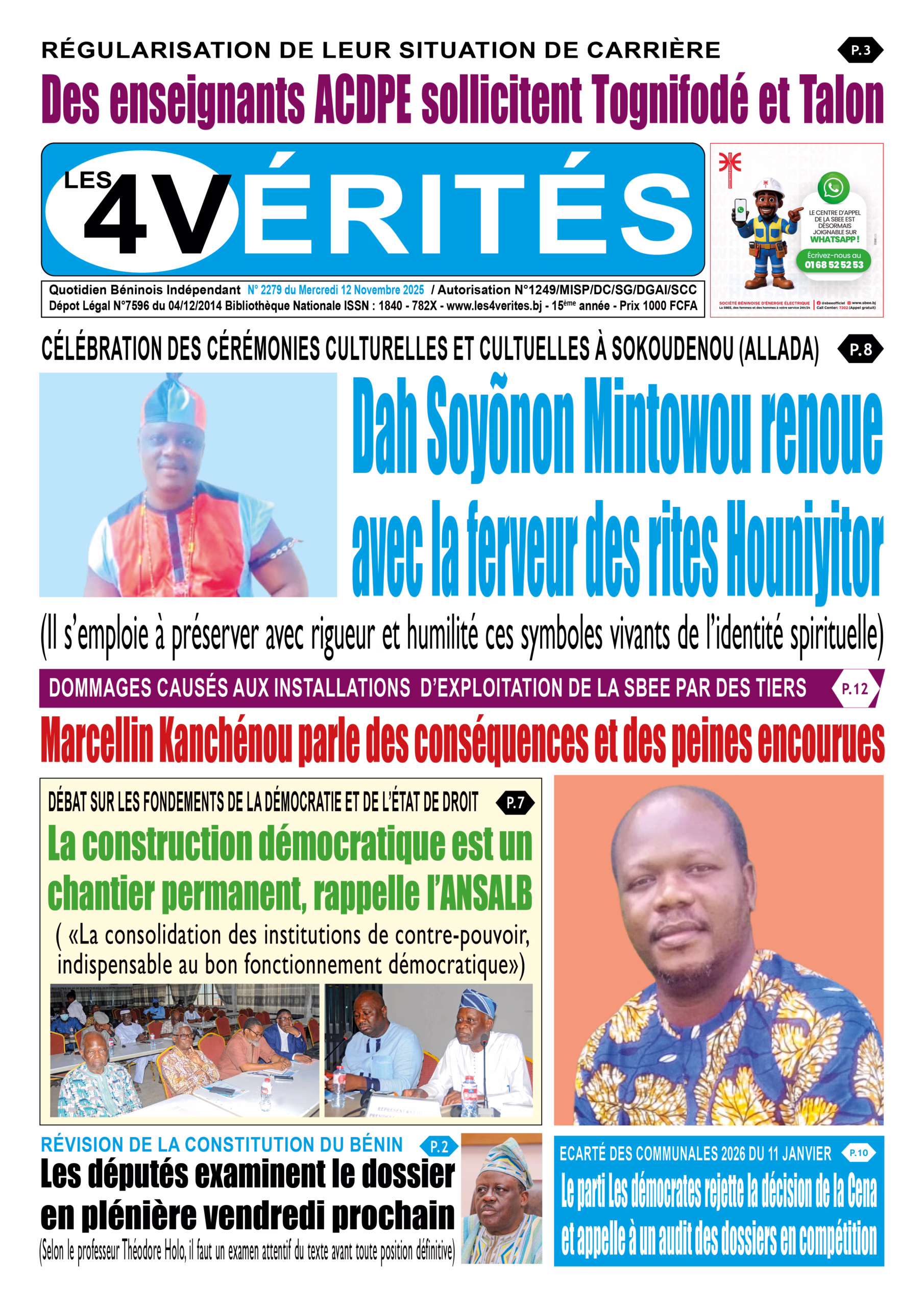 La Une de Les 4 Vérités du mercredi 12 novembre 2025