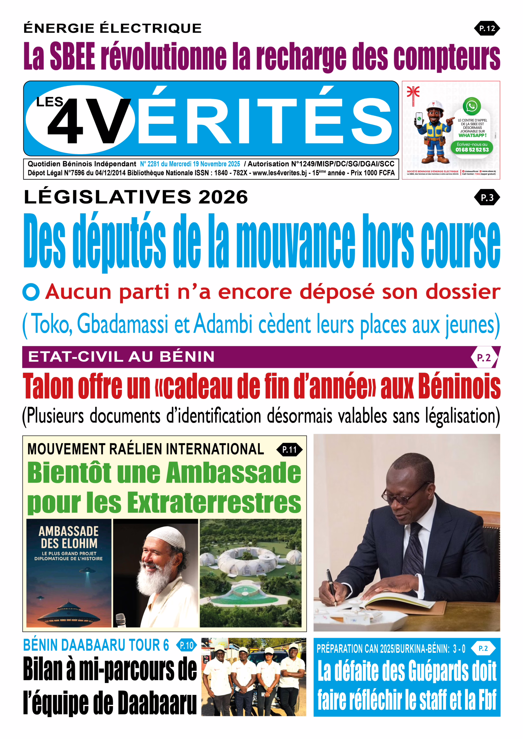 La Une de Les 4 Vérités du 19 novembre 2025