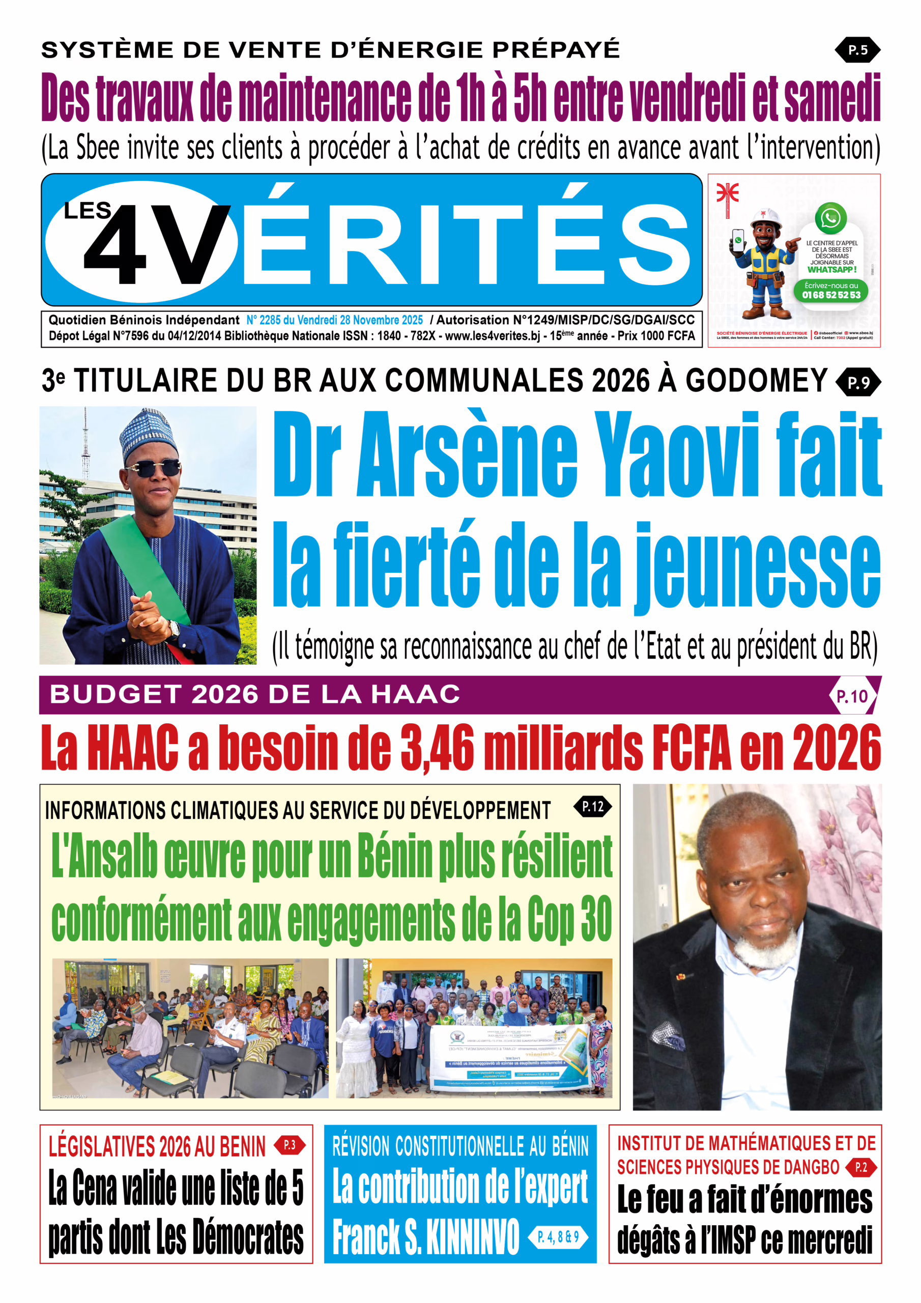 La Une de Les 4 Vérités du vendredi 28 novembre 2025