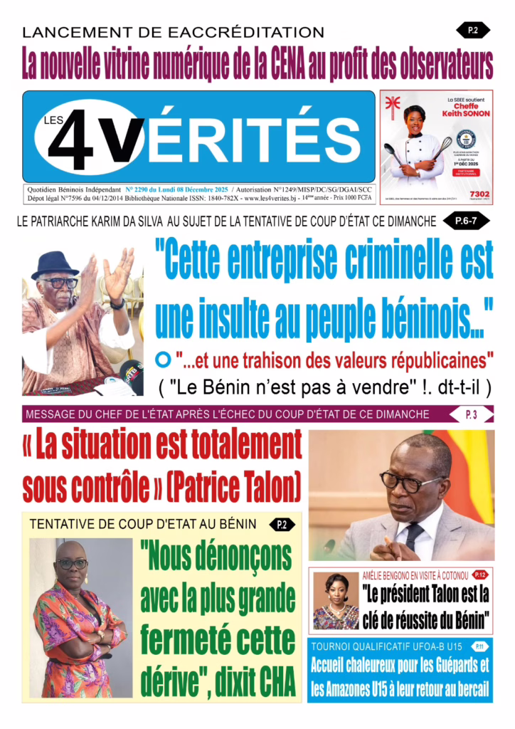 La Une de Les 4 Vérités du lundi 8 Décembre 2025