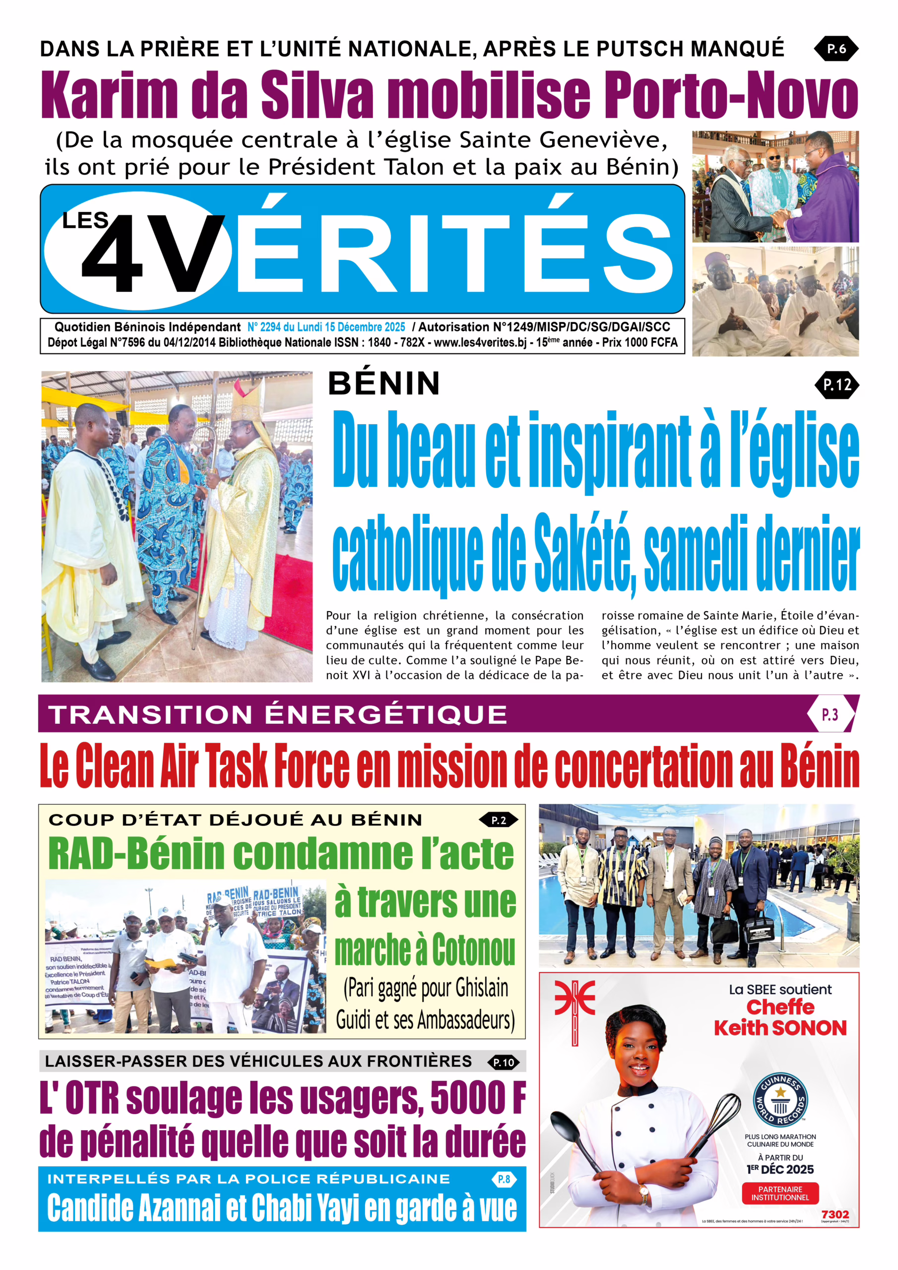 La Une de Les 4 Vérités du lundi 15 décembre 2025
