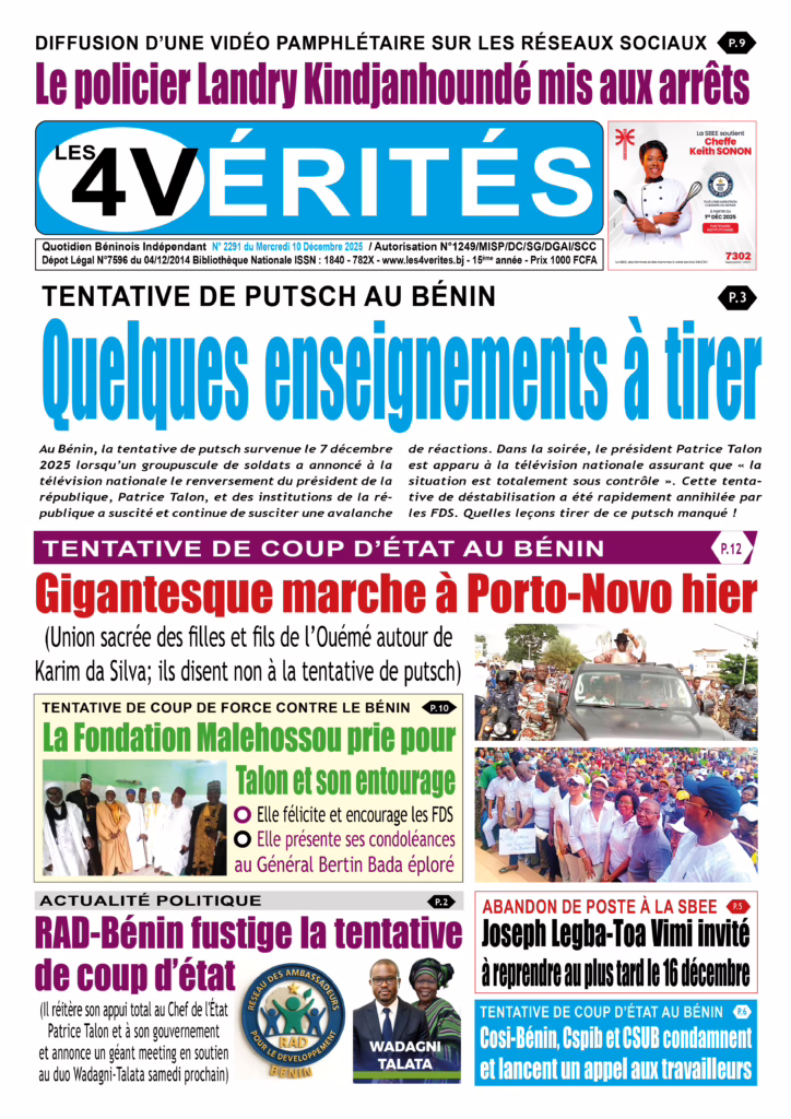La Une de Les 4 Vérités du Mercredi 10 décembre 2025