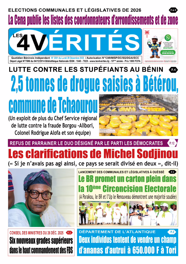 La Une de Les 4 Vérités du lundi 29 décembre 2025