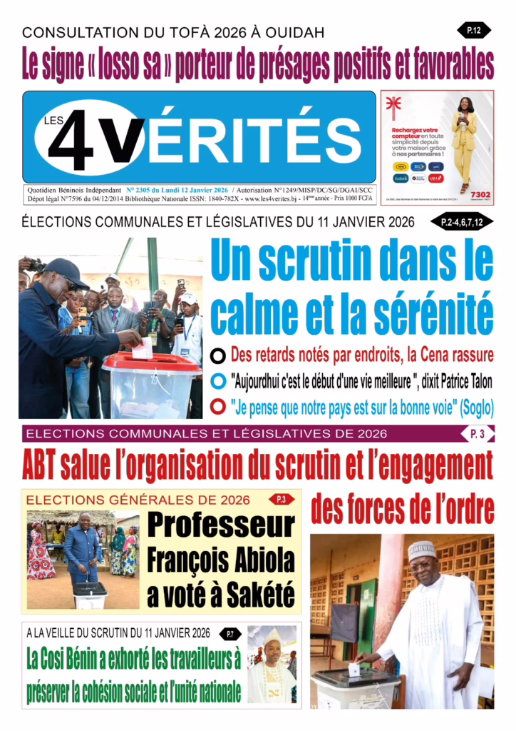 La Une de Les 4 Vérités du lundi 12 janvier 2026