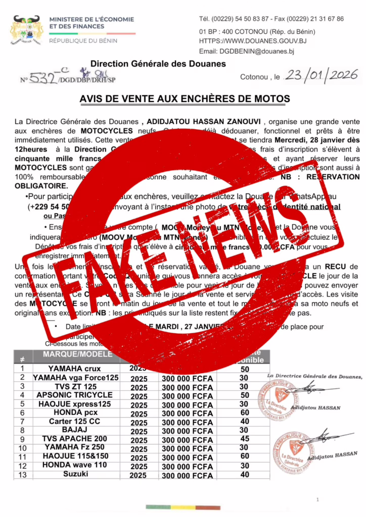 Arnaque au Bénin : Alerte! Une fausse vente aux enchères de motos attribuée à la Douane béninoise