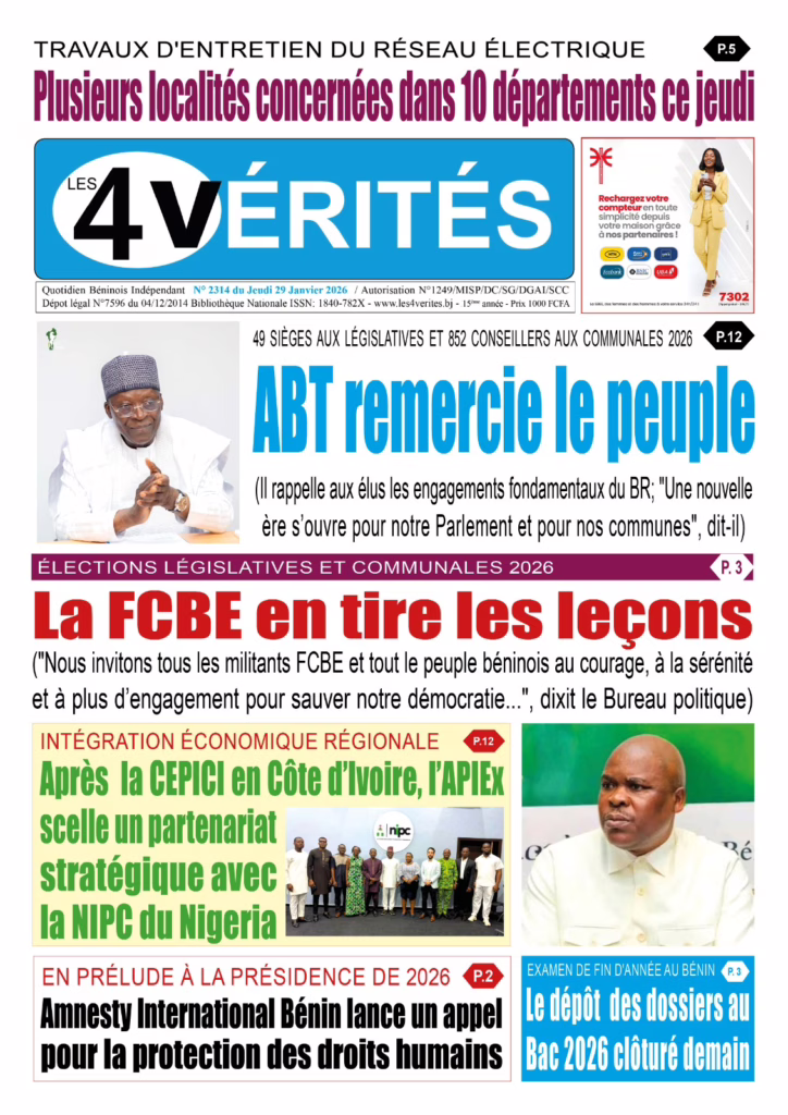 La Une de Les 4 Vérités du jeudi 29 janvier 2026