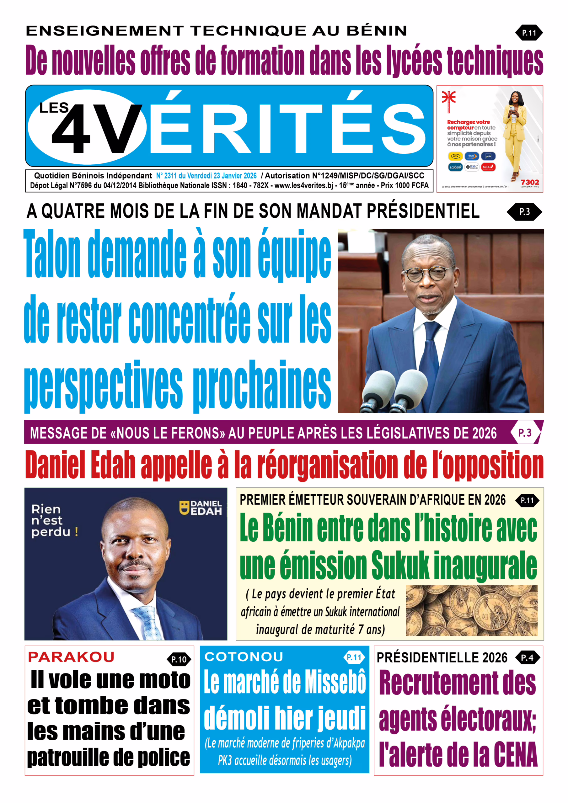 La Une de Les 4 Vérités du vendredi 23 janvier 2026