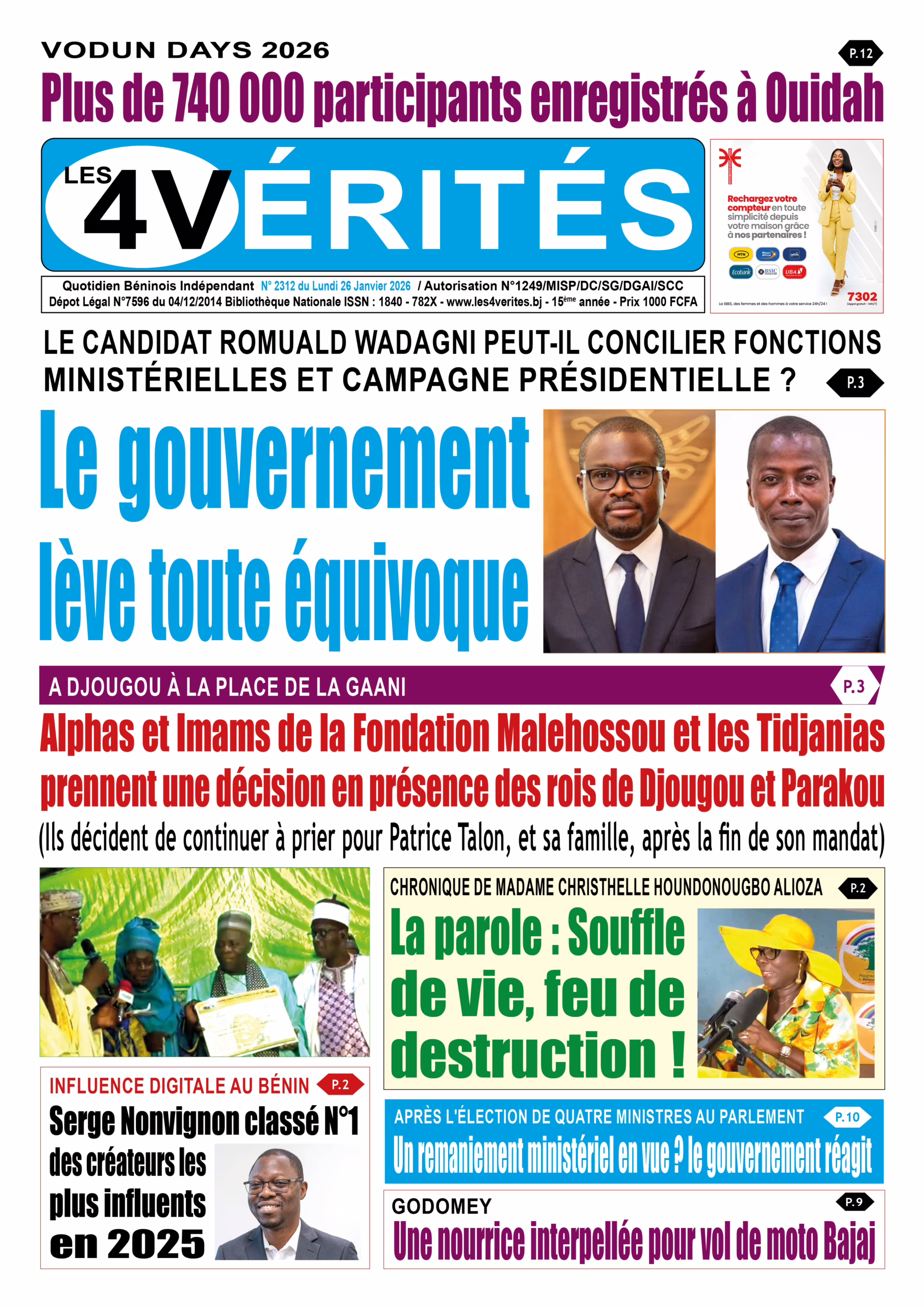 La Une de Les 4 Vérités du lundi 26 janvier 2026