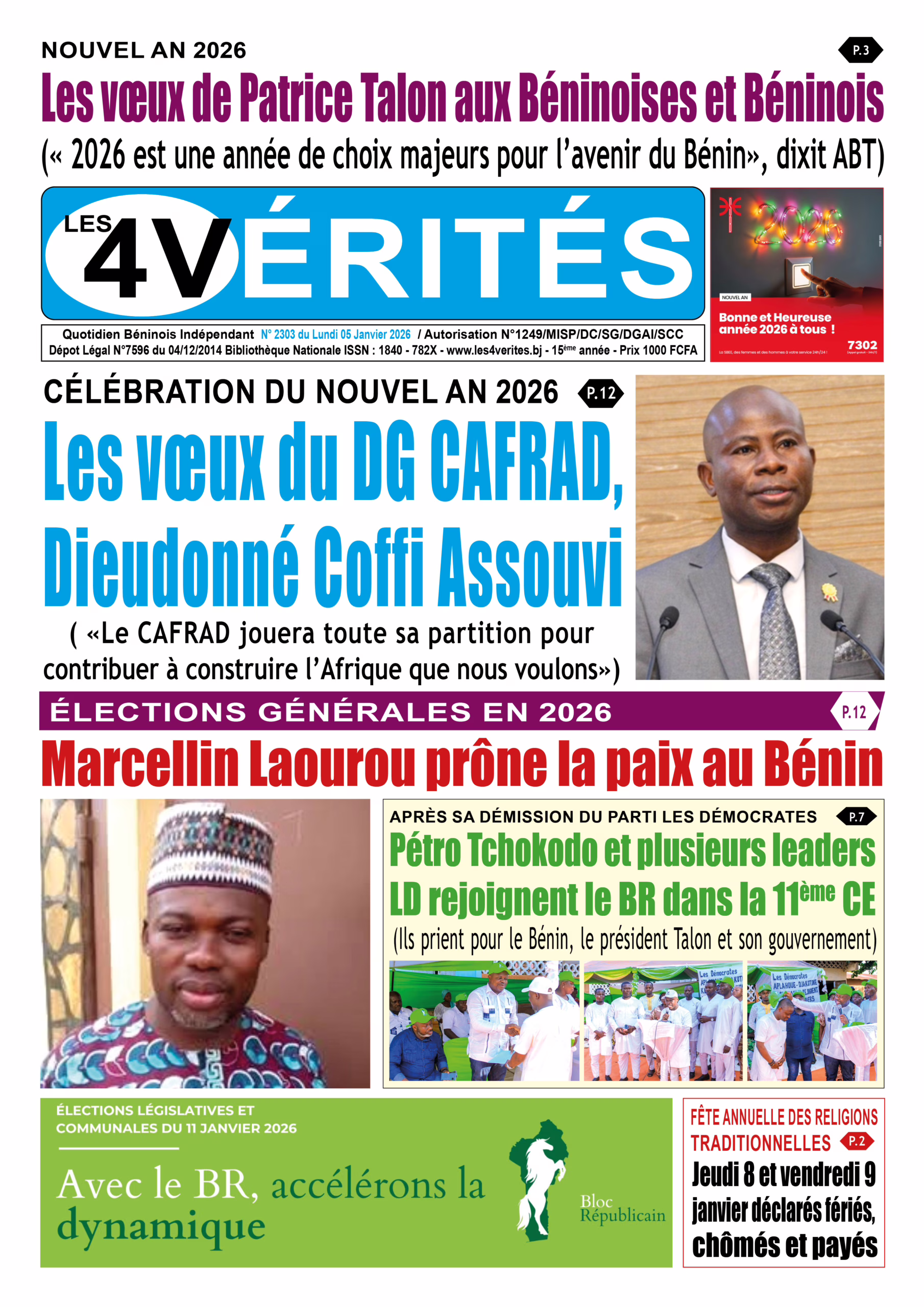 La Une de Les 4 Vérités du lundi 5 janvier 2026