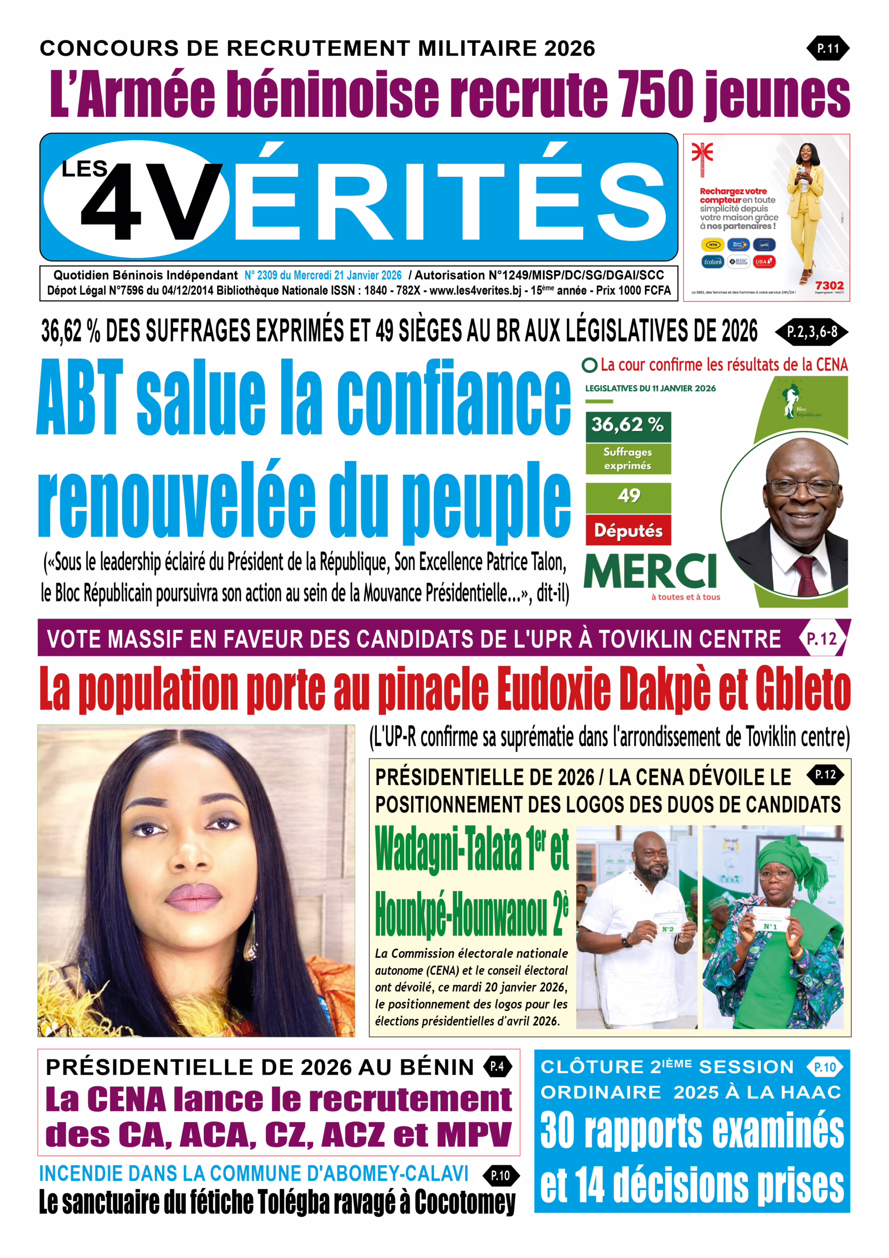 La Une de Les 4 Vérités du mercredi 21 janvier 2026