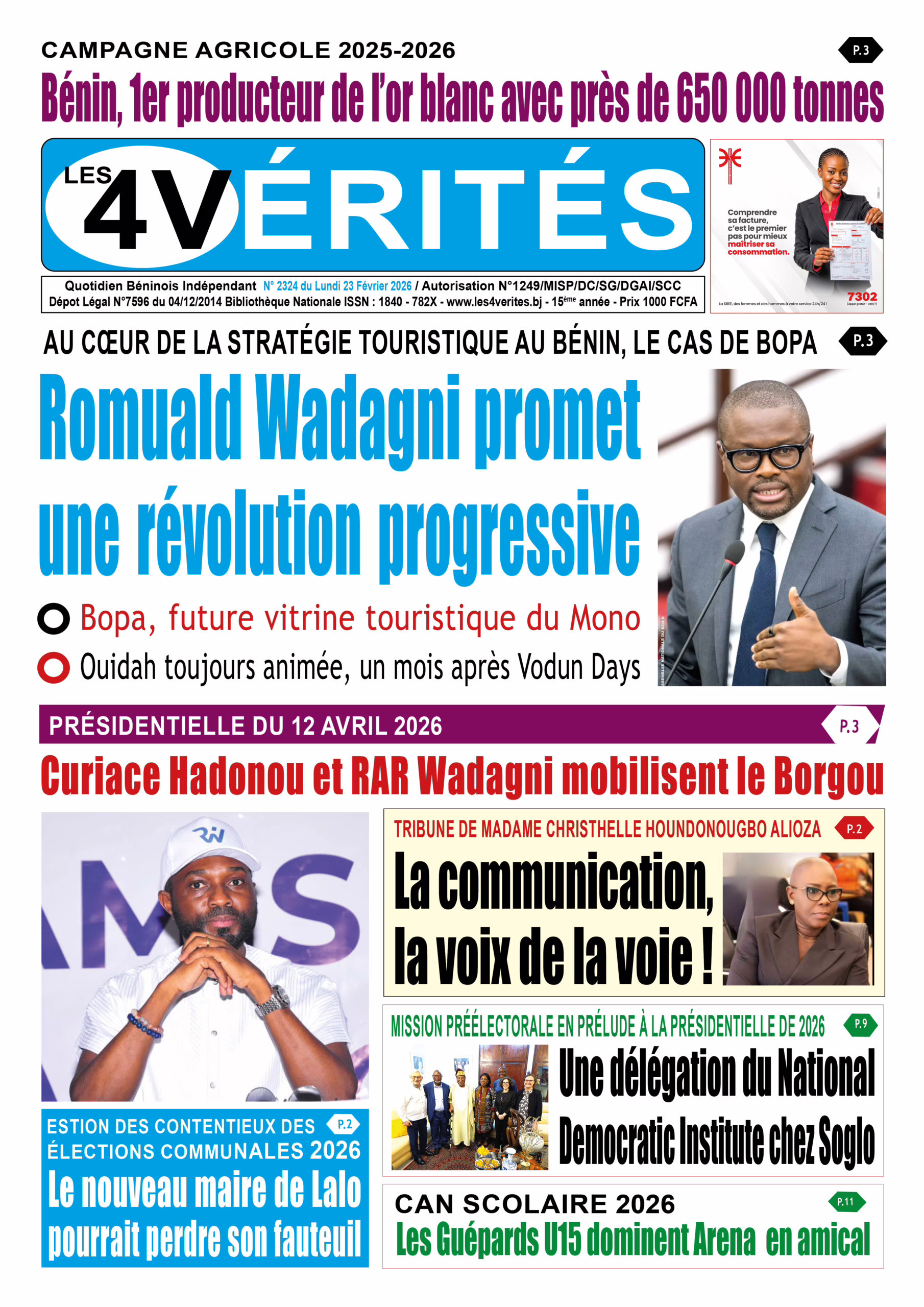 La Une de Les 4 Vérités du lundi 23 février 2026