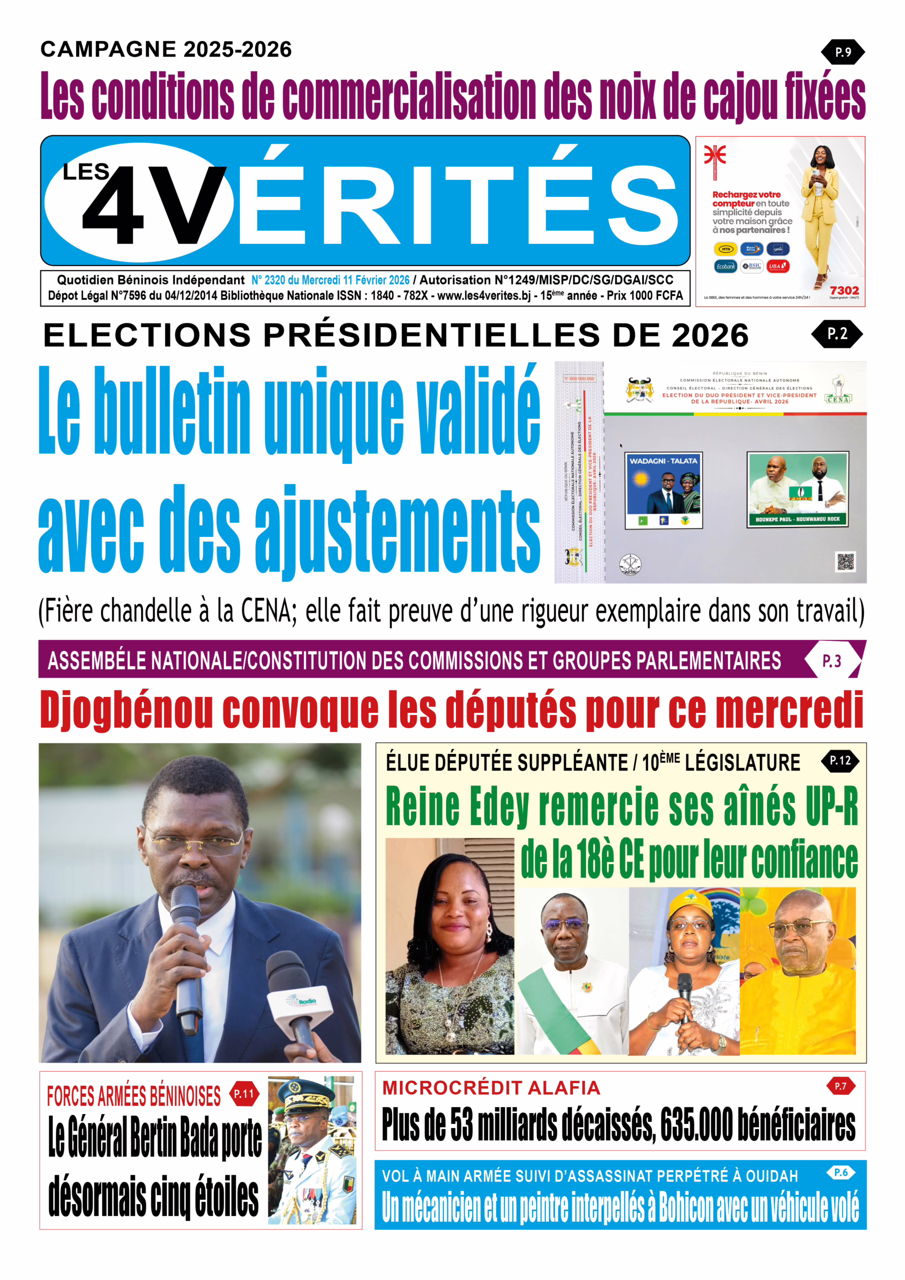 La Une de Les 4 Vérités du mercredi 11 février 2026