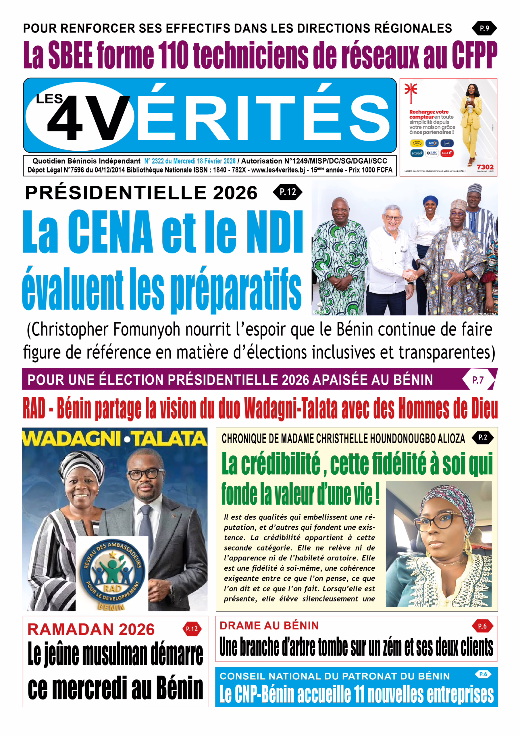 La Une de Les 4 Vérités du mercredi 18 février 2026