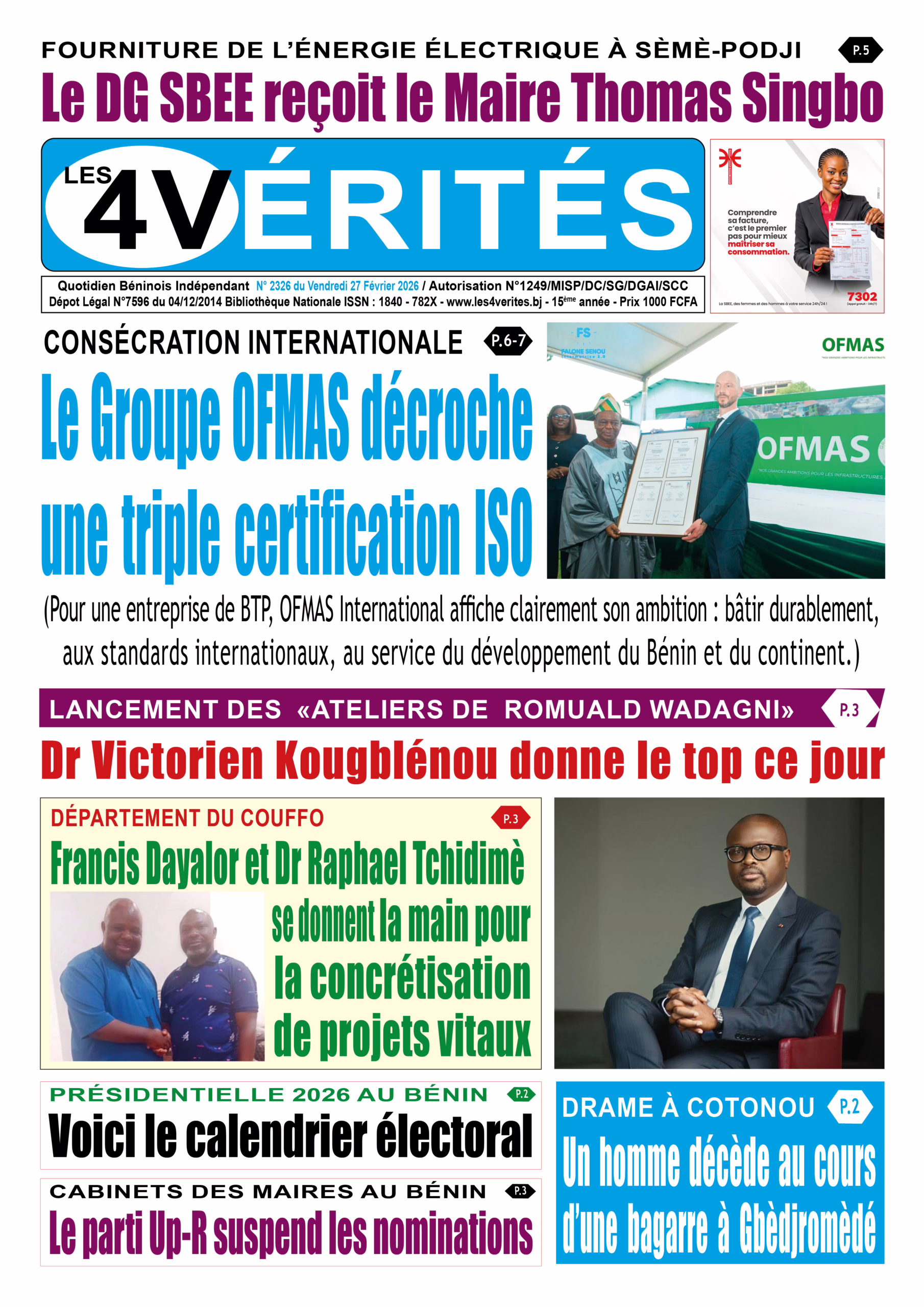 La Une de Les 4 Vérités du vendredi 27 février 2026