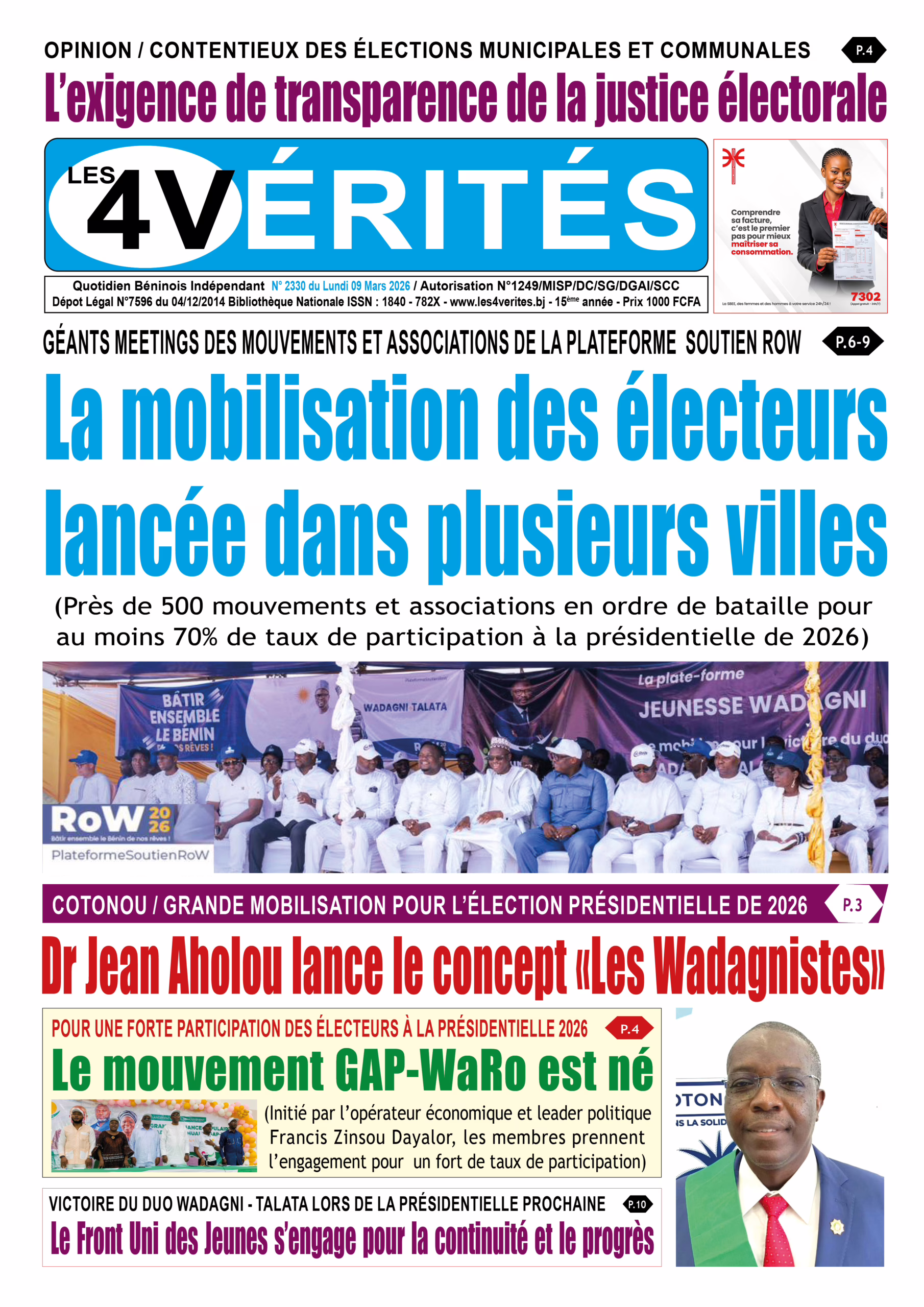 La Une de Les 4 Vérités du lundi 9 Mars 2026