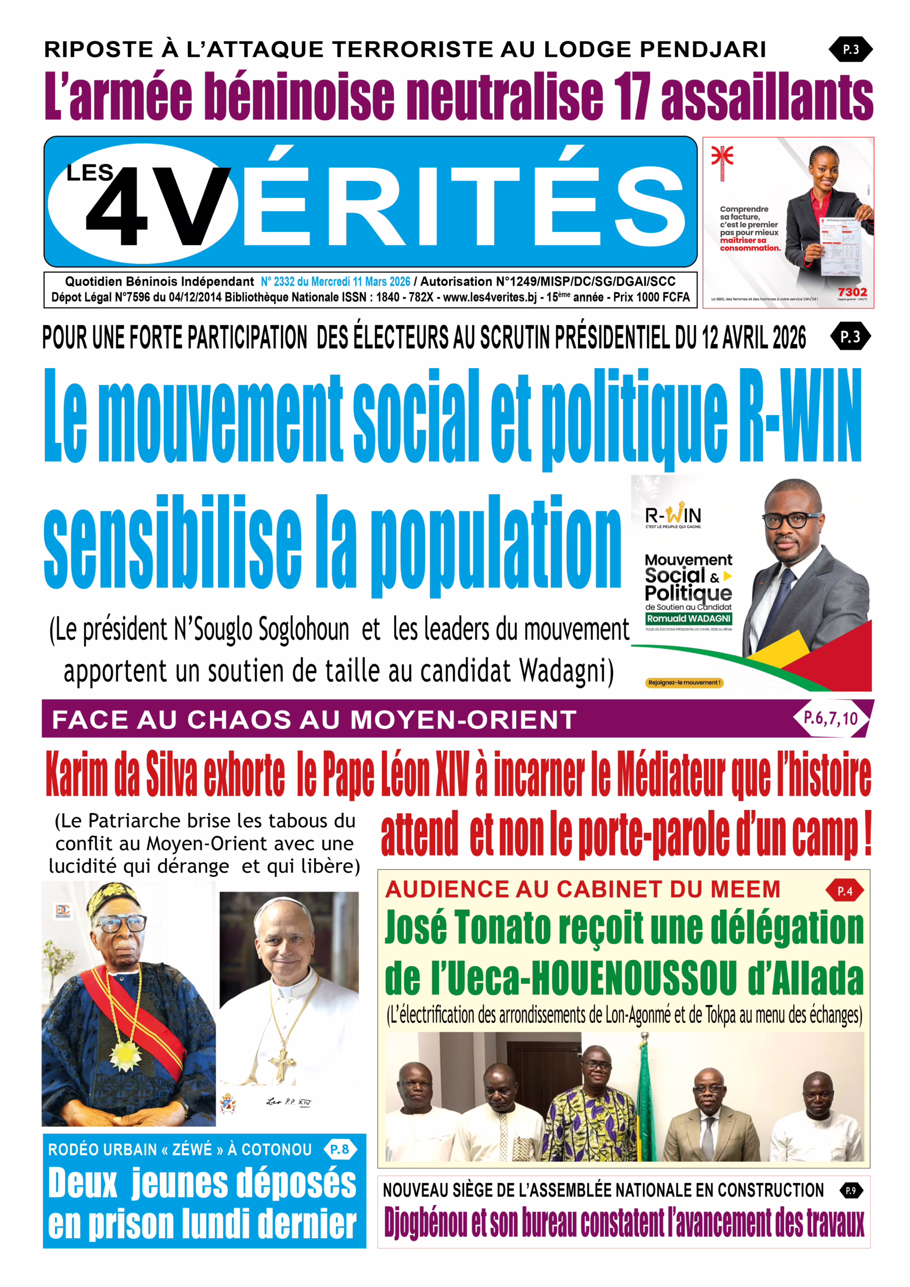 La Une de Les 4 Vérités du Mercredi 11 Mars 2026