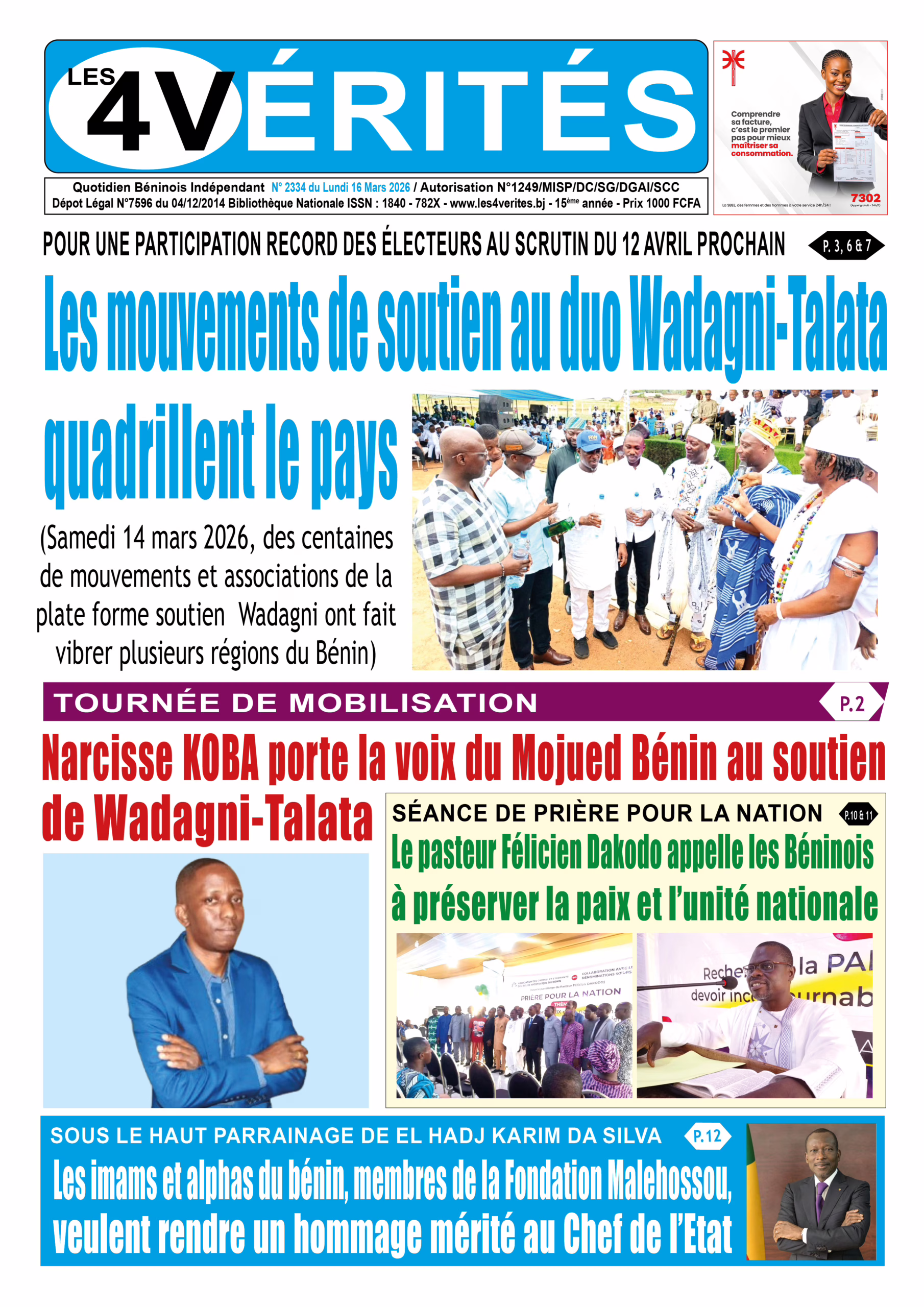 La Une de Les 4 Vérités du lundi 16 mars 2026