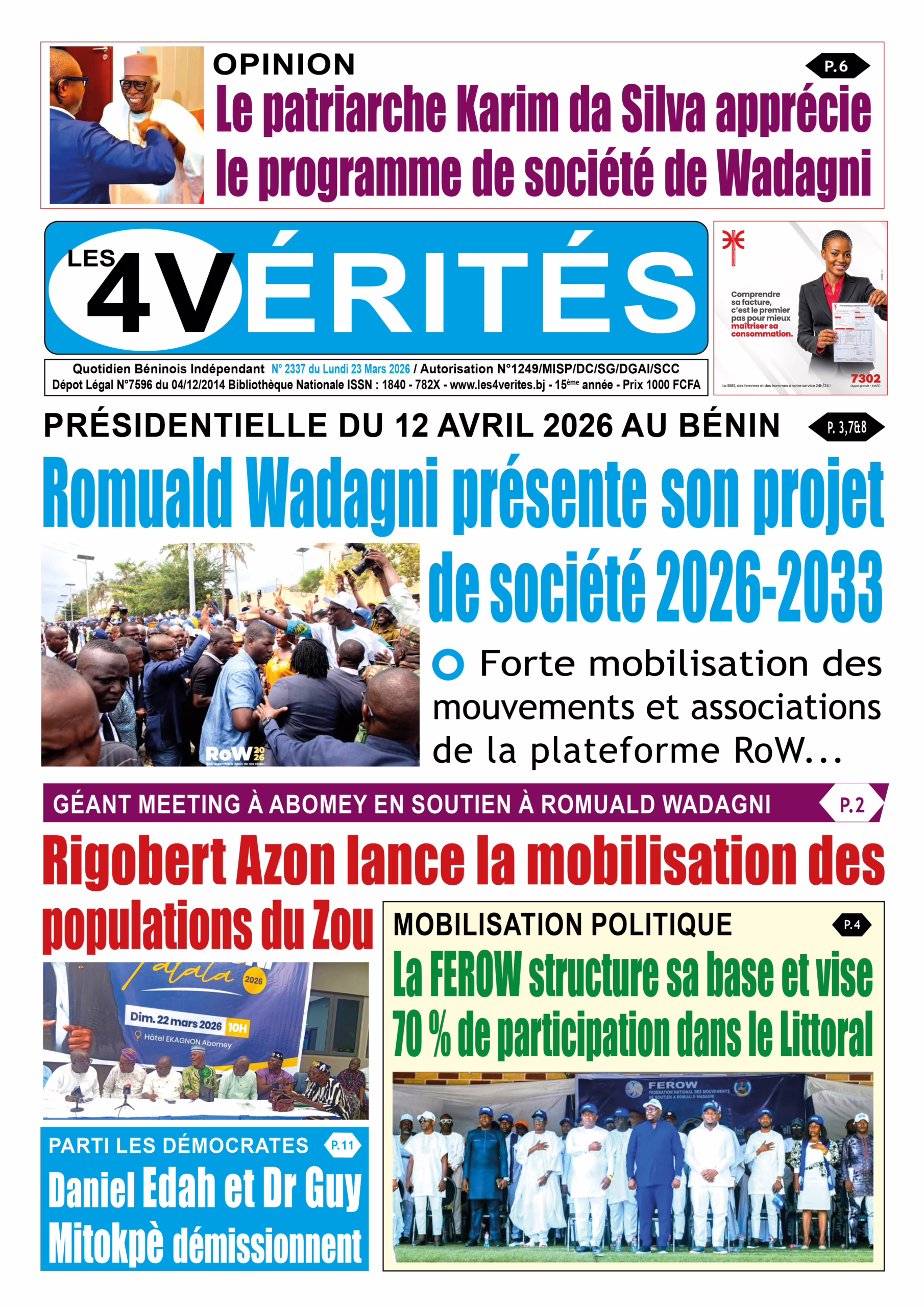 La Une de Les 4 Vérités du lundi 23 mars 2026