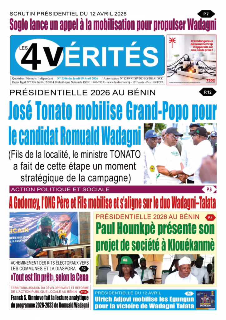 La Une de Les 4 Vérités du jeudi 9 Avril 2026