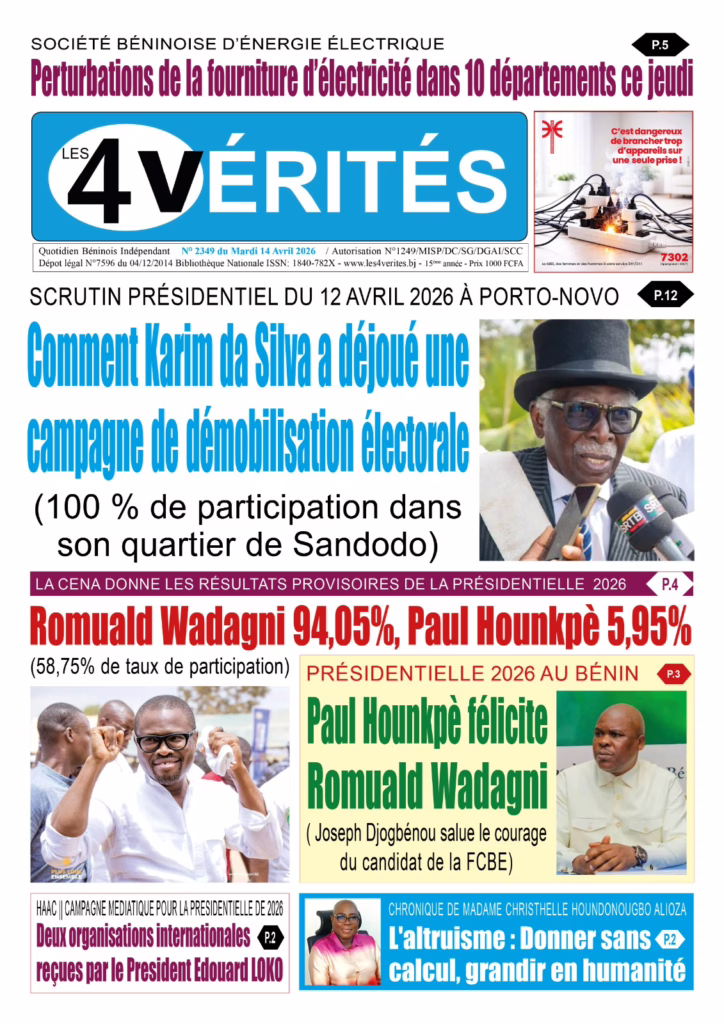 La Une de Les 4 Vérités du Mardi 14 Avril 2026