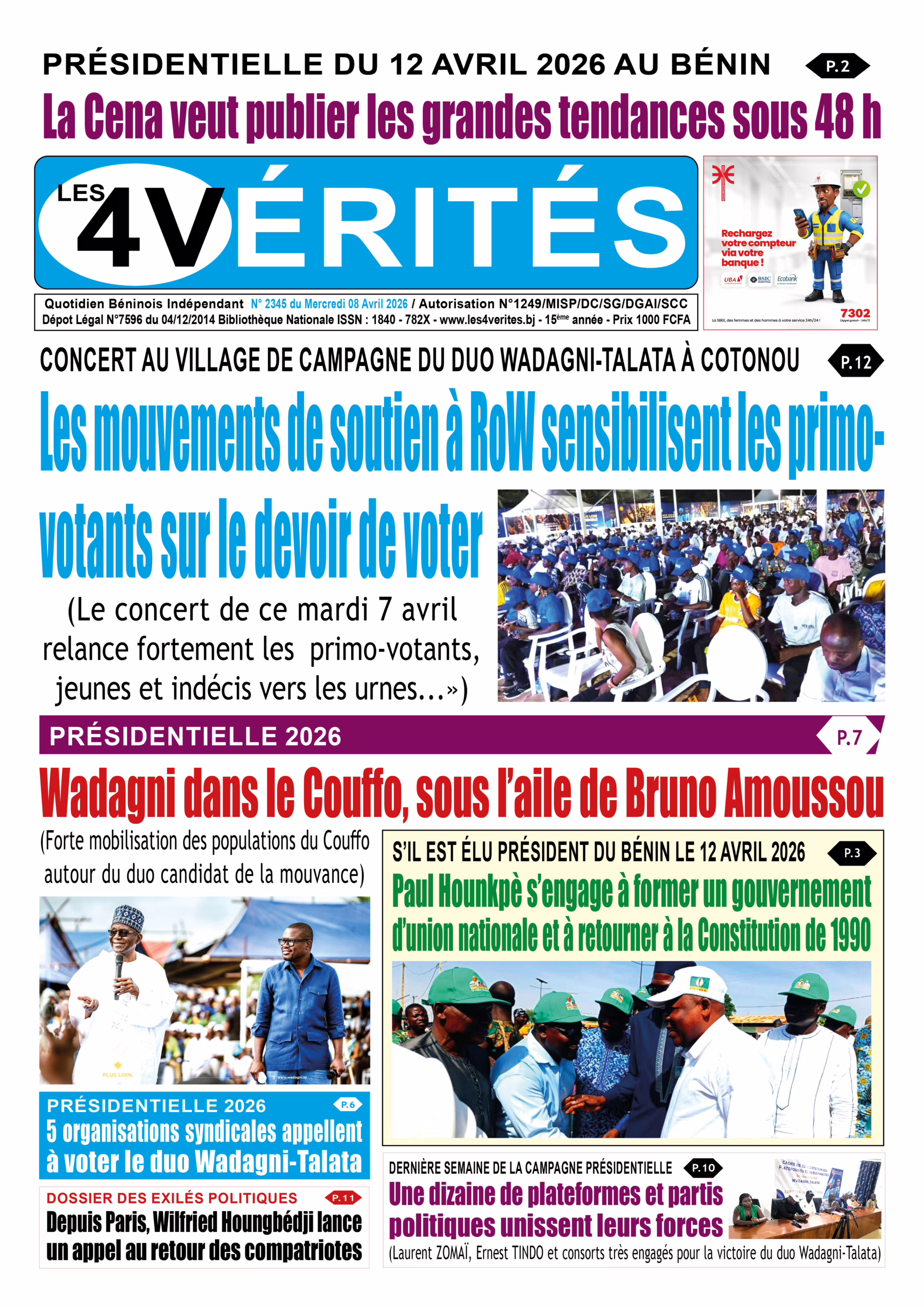 La Une de Les 4 Vérités du Mercredi 8 Avril 2026