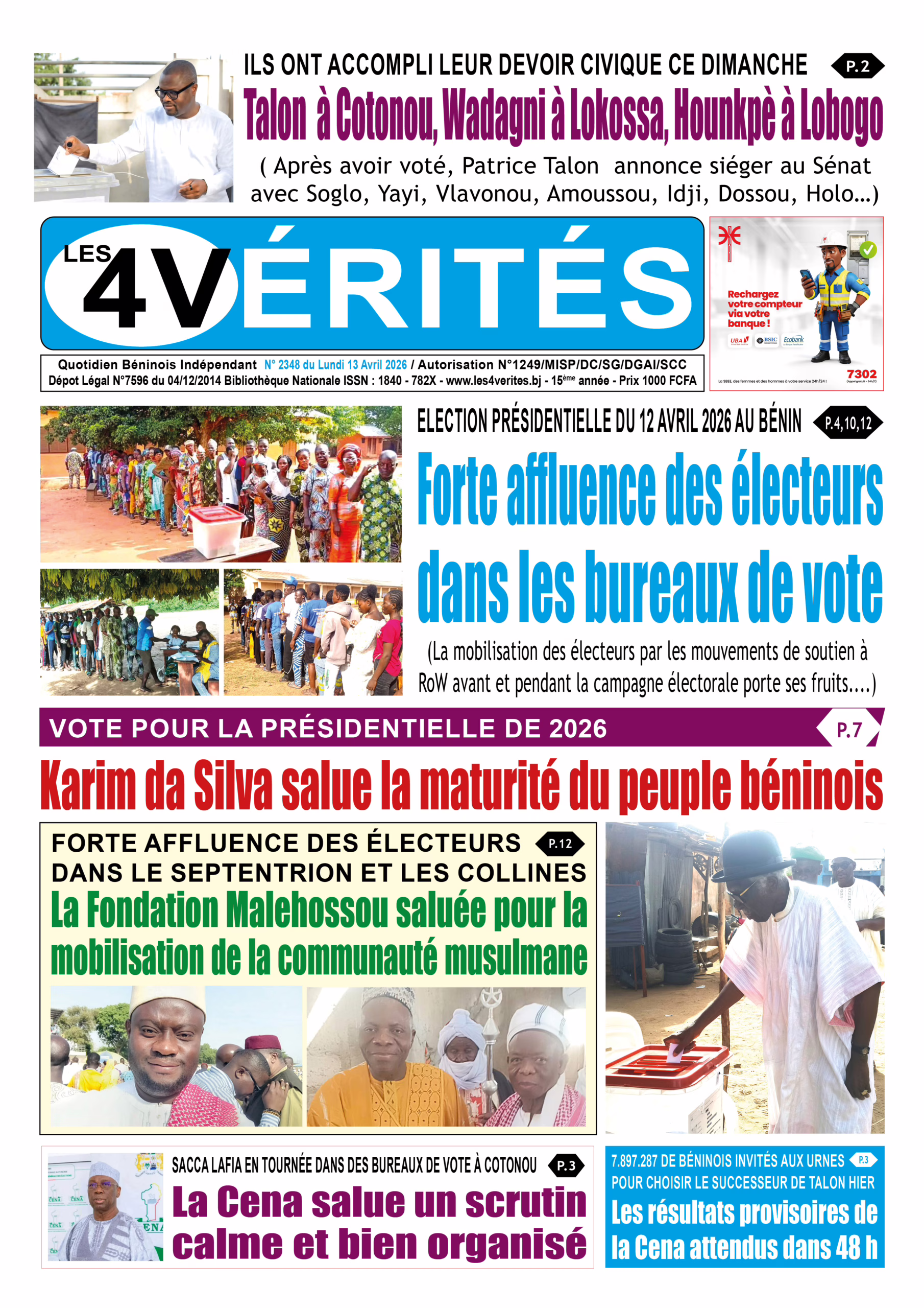 La Une de Les 4 Vérités du Lundi 4 Avril 2026