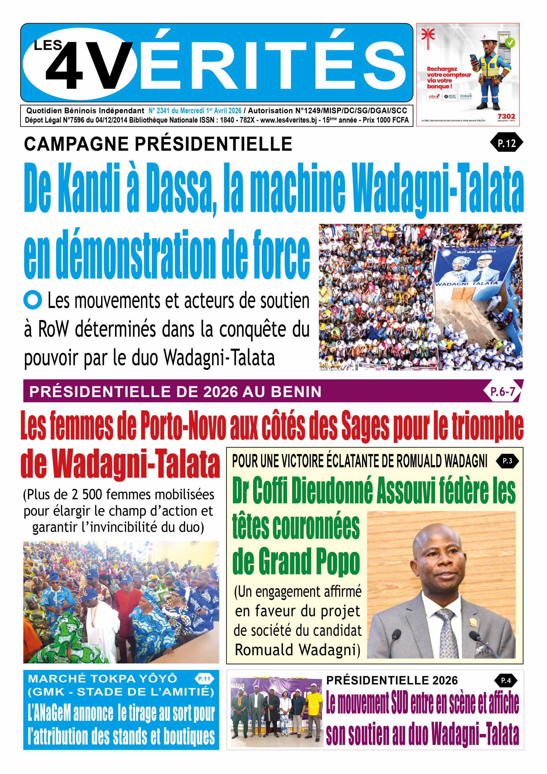 La Une de Les 4 Vérités du Mercredi 1er Avril 2026