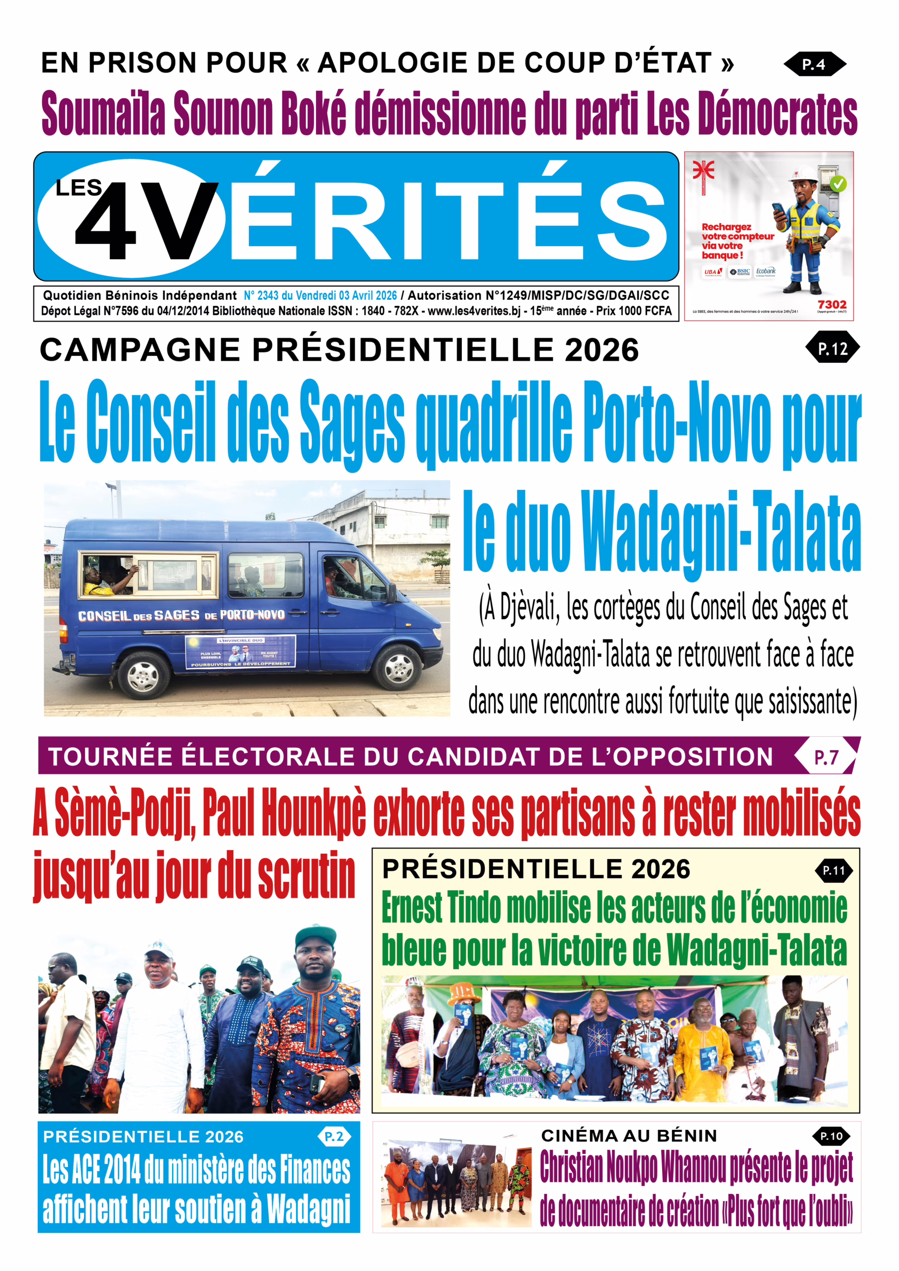 La Une de Les 4 Vérités du vendredi 3 avril 2026