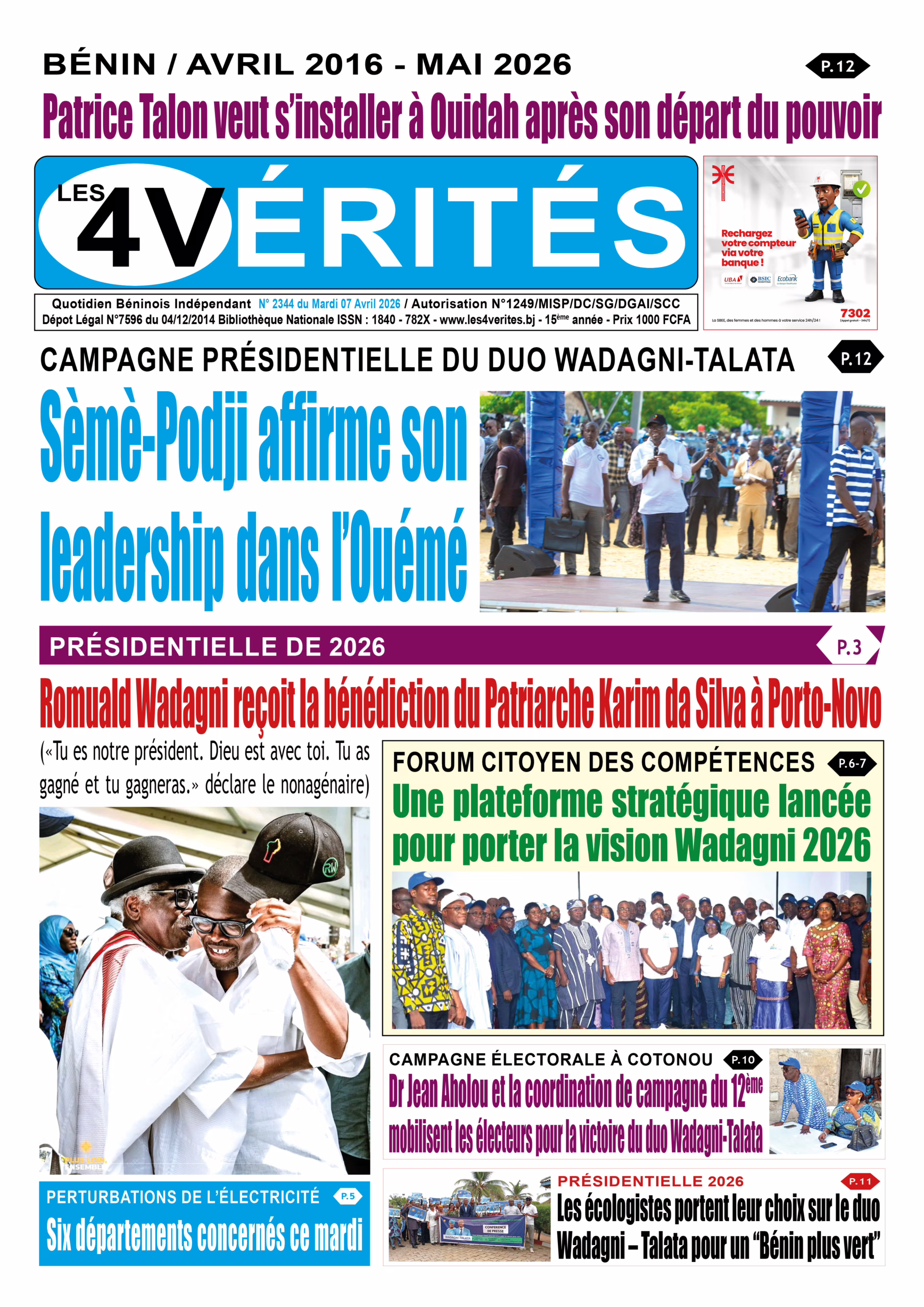 La Une de Les 4 Vérités du Mardi 7 Avril 2026