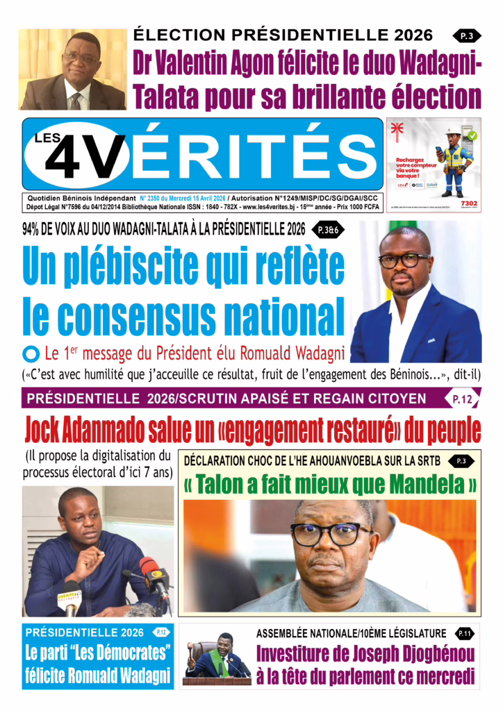 La Une de Les 4 Vérités du Mercredi 15 Avril 2026