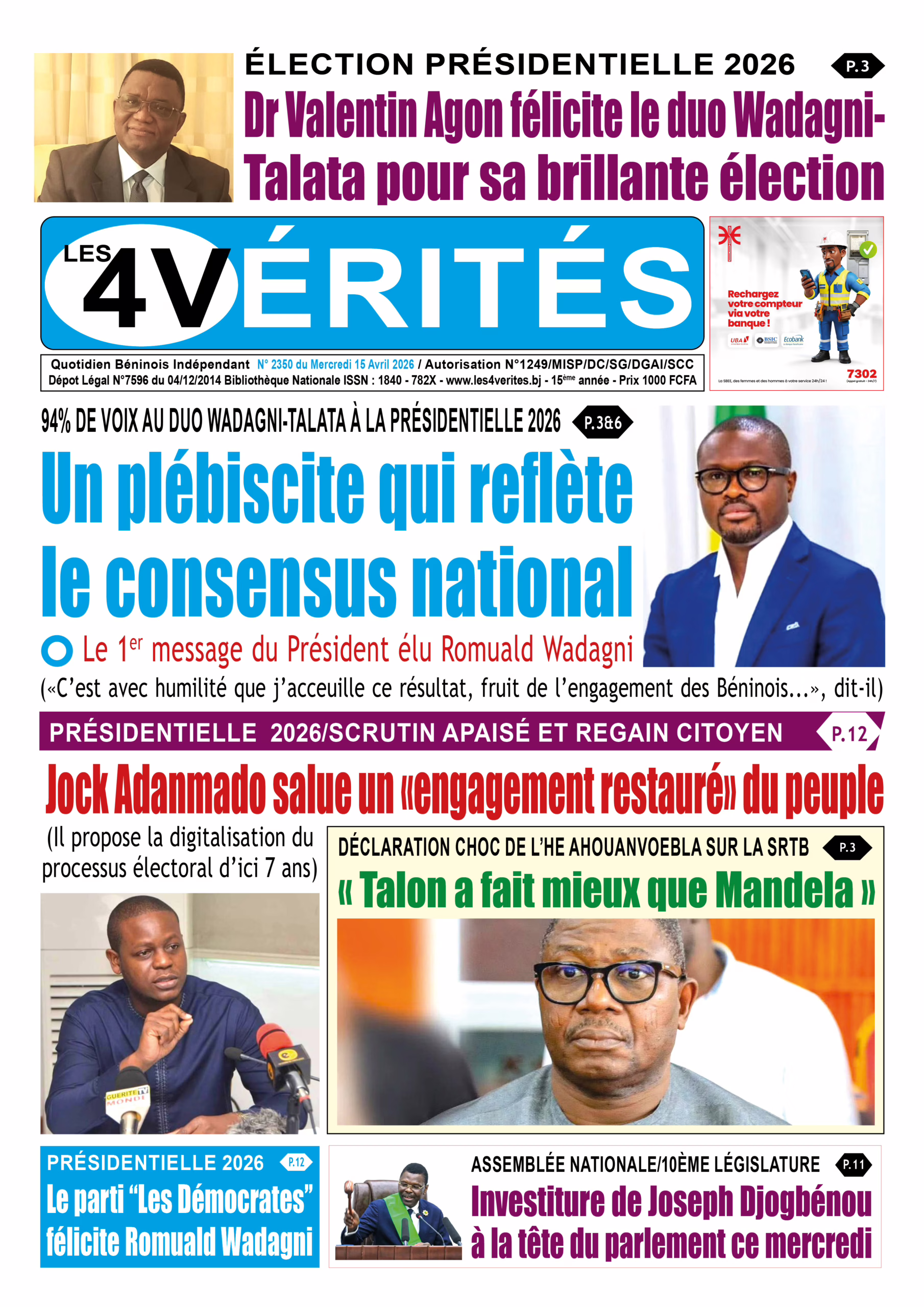 La Une de Les 4 Vérités du Mercredi 15 Avril 2026