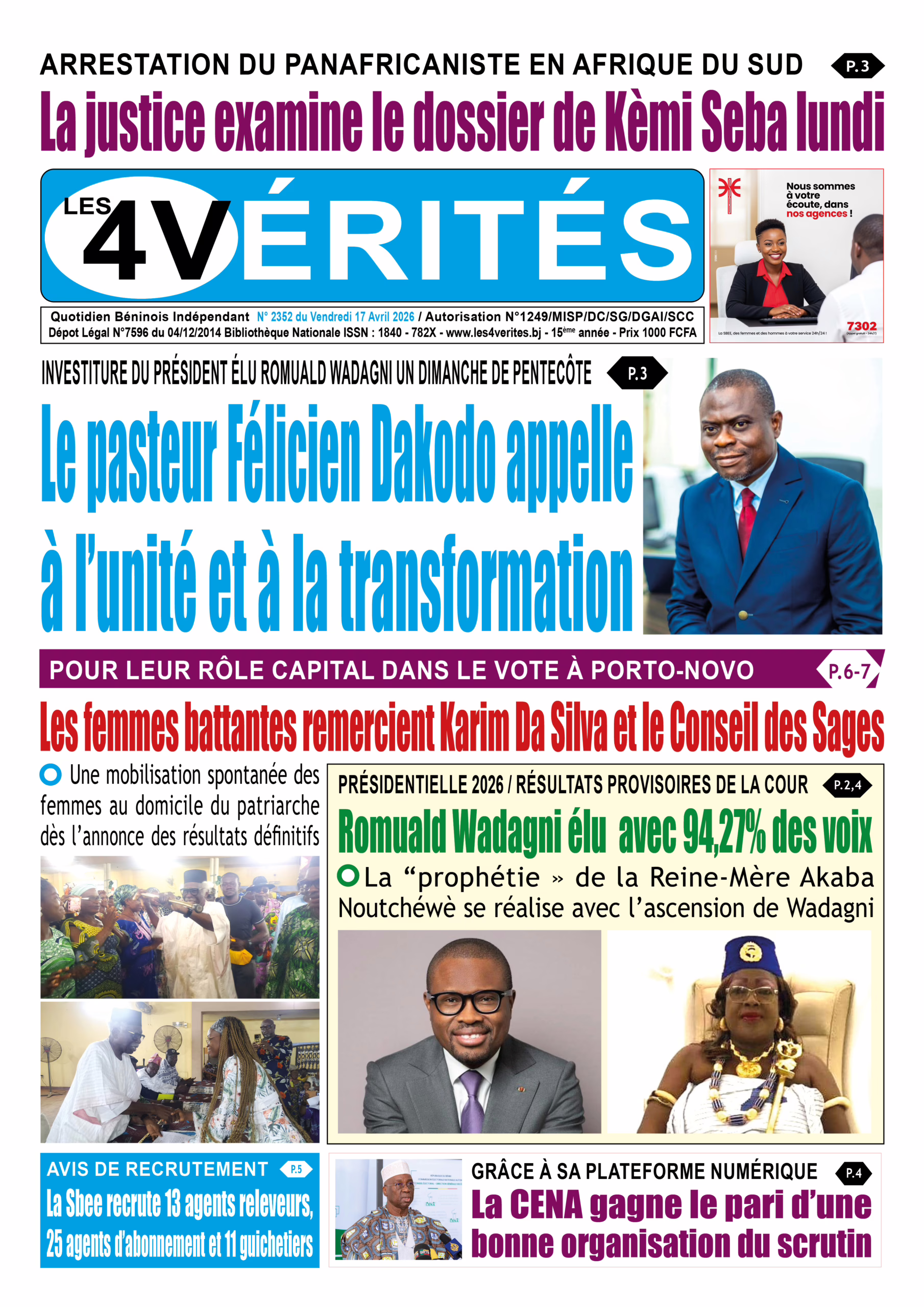 La Une de Les 4 Vérités du Vendredi 17 Avril 2026