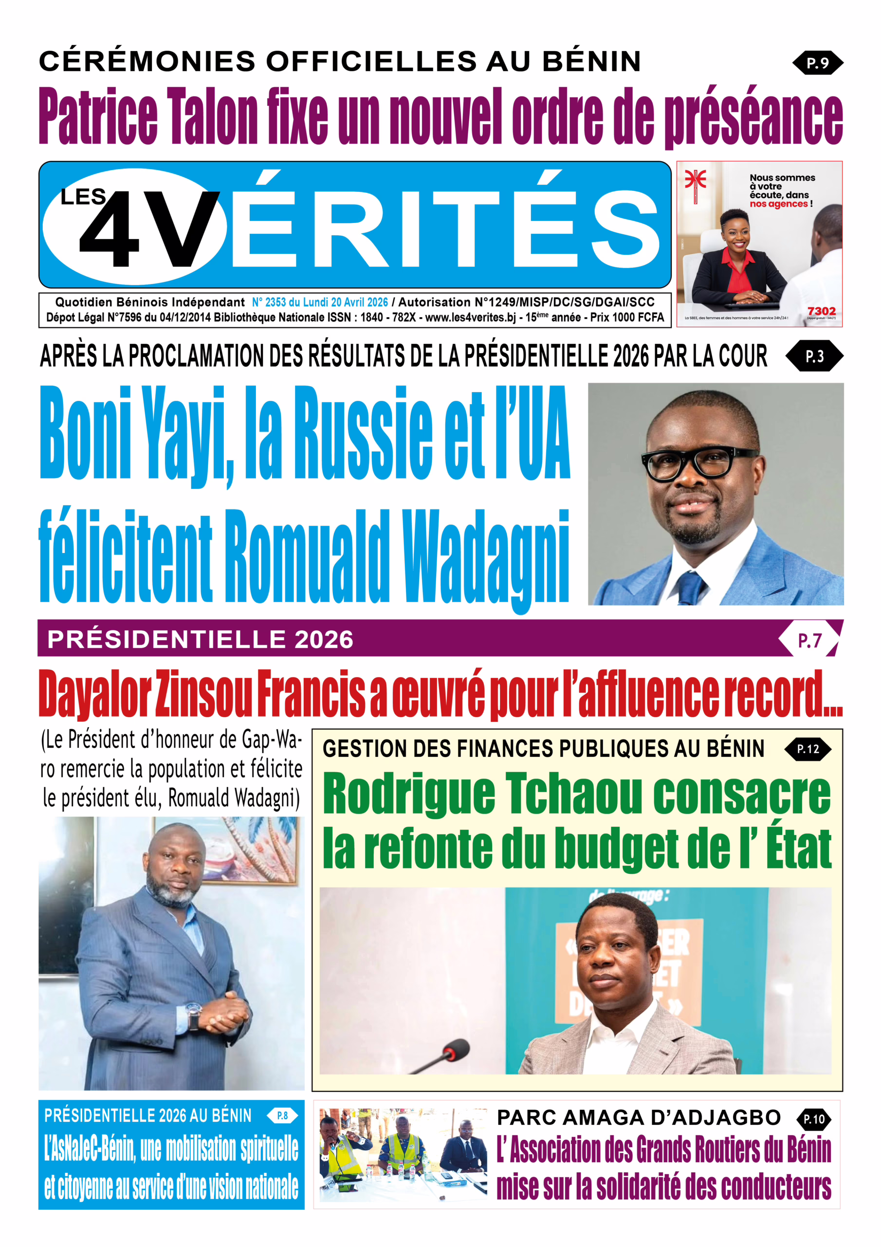 La Une de Les 4 Vérités du lundi 20 Avril 2026