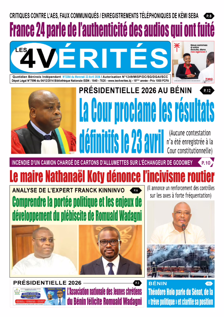 La Une de Les 4 Vérités du Mercredi 22 Avril 2026