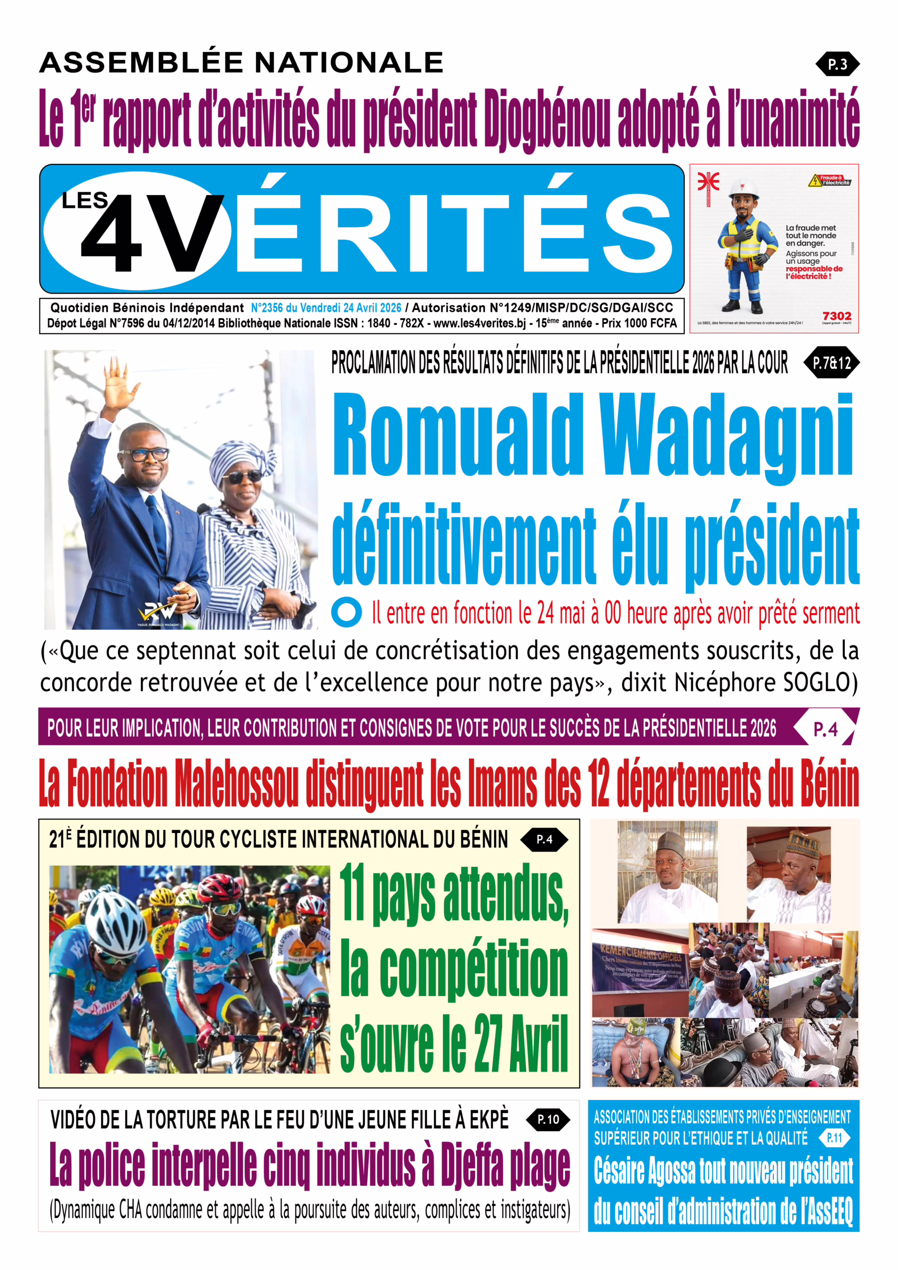 La Une de Les 4 Vérités du Vendredi 24 Avril 2026