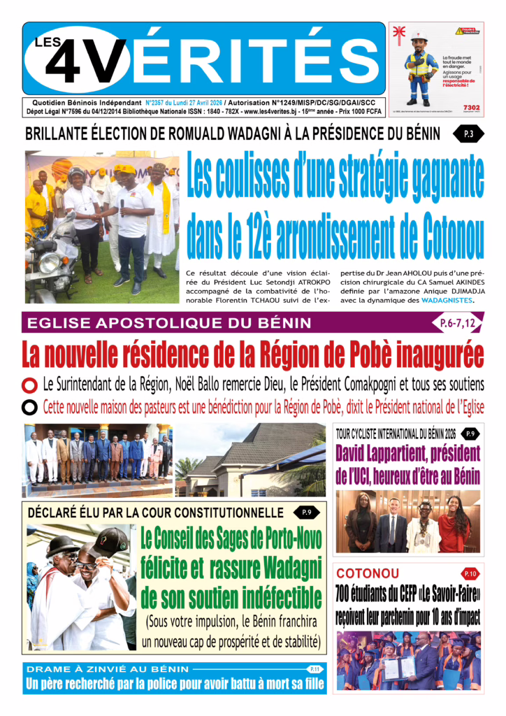 La Une de Les 4 Vérités du Lundi 27 Avril 2026