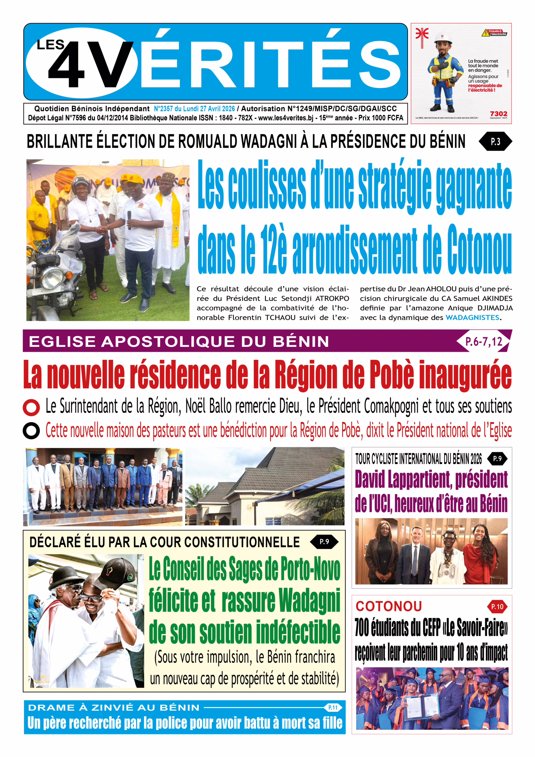 La Une de Les 4 Vérités du Lundi 27 Avril 2026