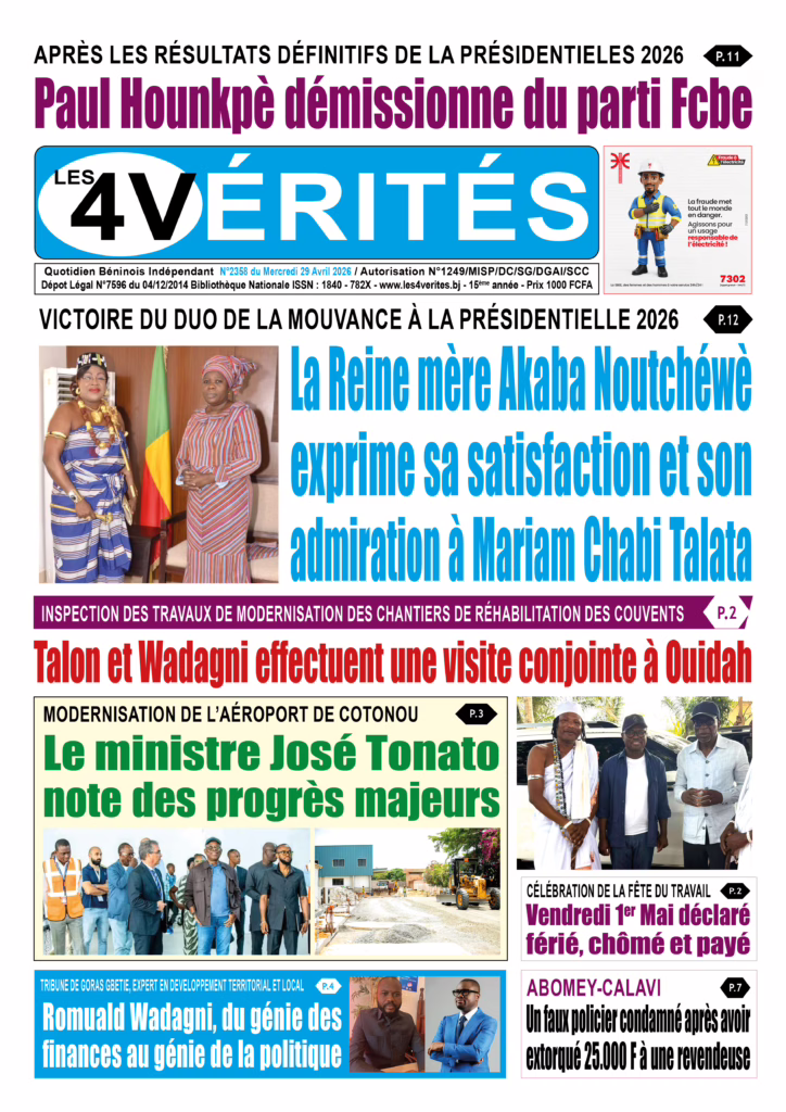 La Une de Les 4 Vérités du Mercredi 29 Avril 2026