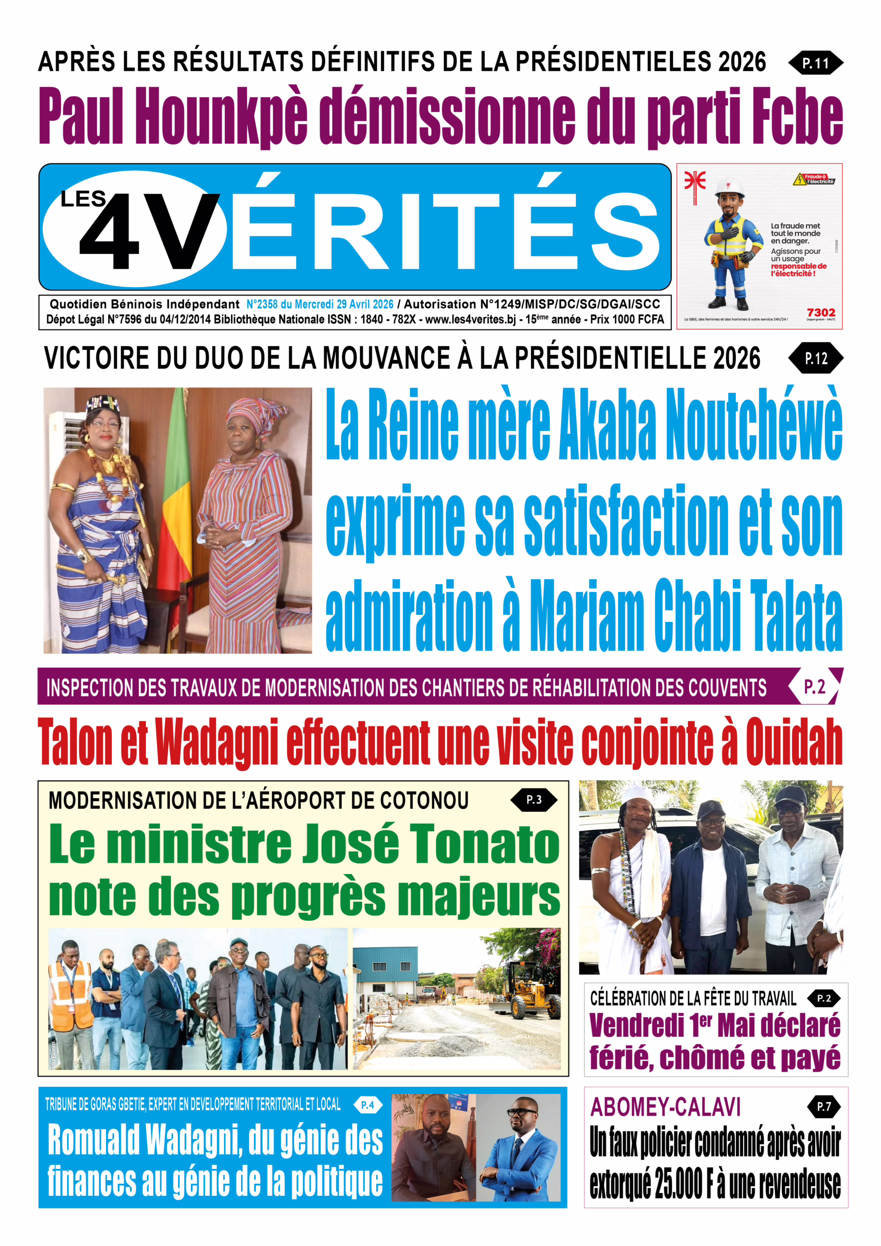 La Une de Les 4 Vérités du Mercredi 29 Avril 2026